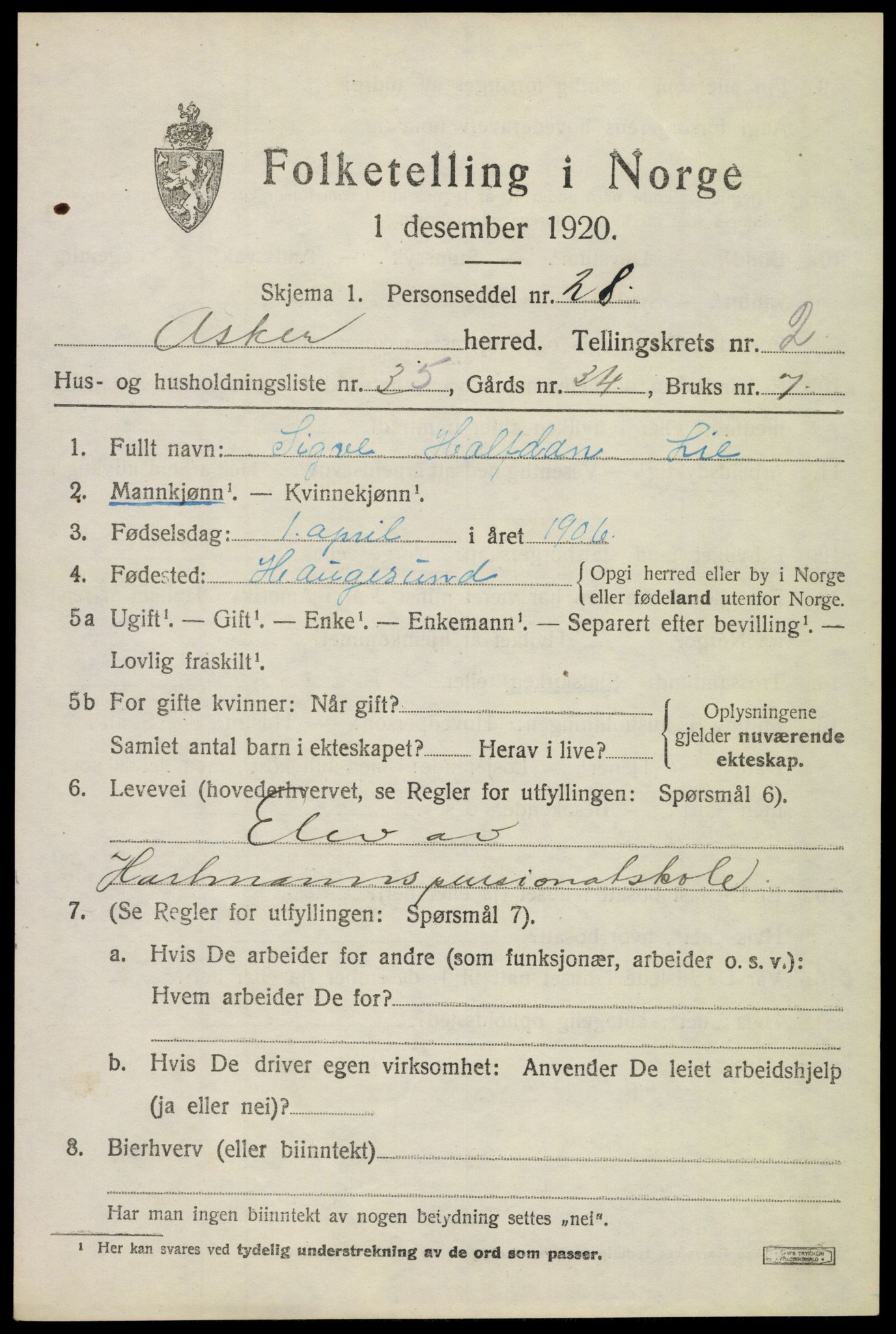 SAO, 1920 census for Asker, 1920, p. 5940