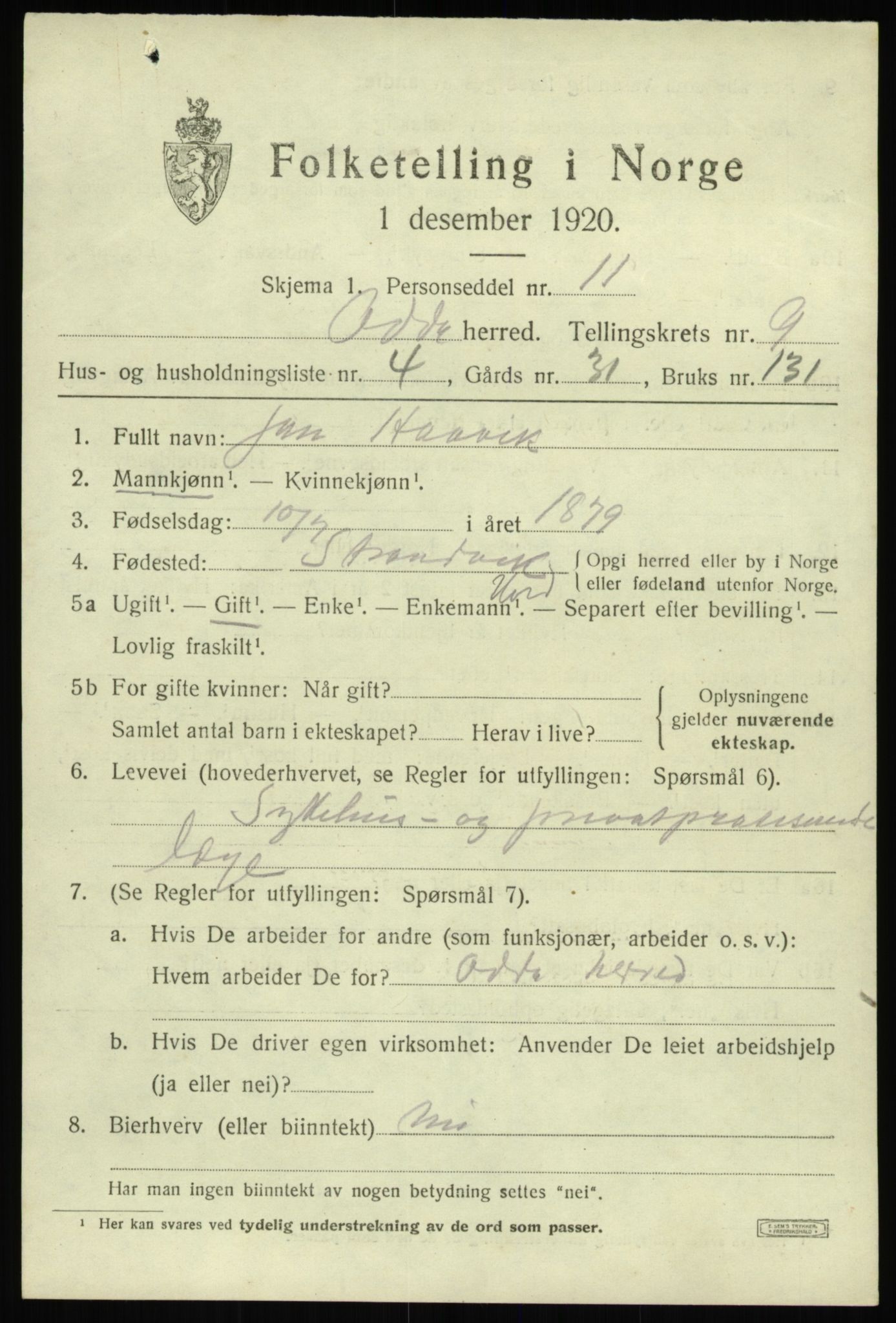 SAB, 1920 census for Odda, 1920, p. 7463