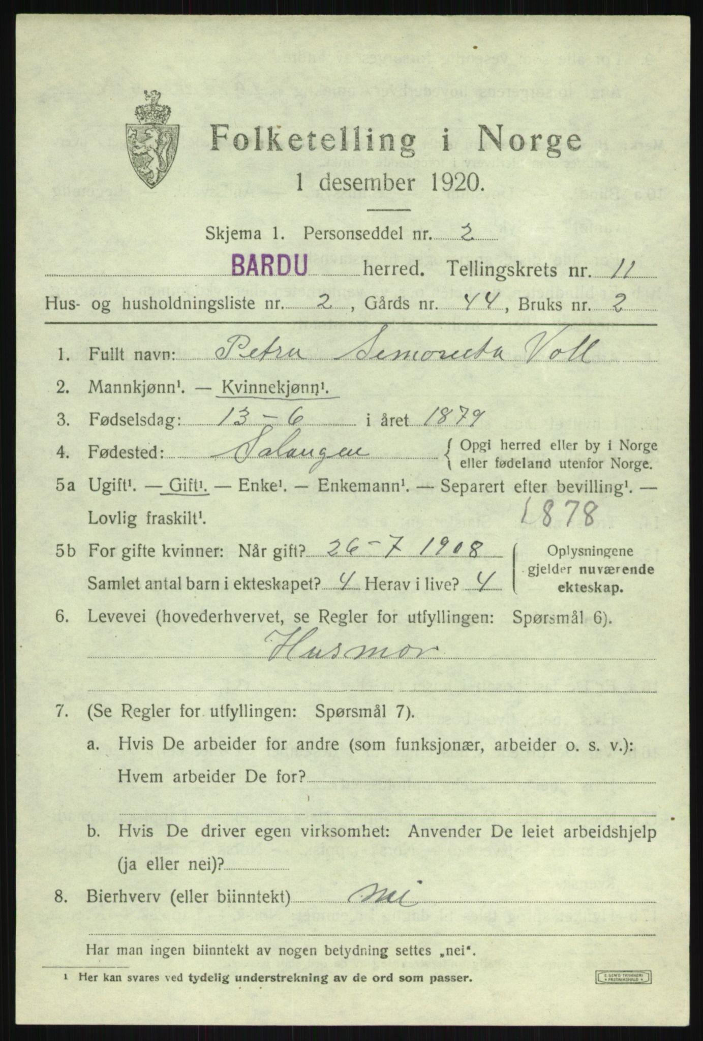 SATØ, 1920 census for Bardu, 1920, p. 3497