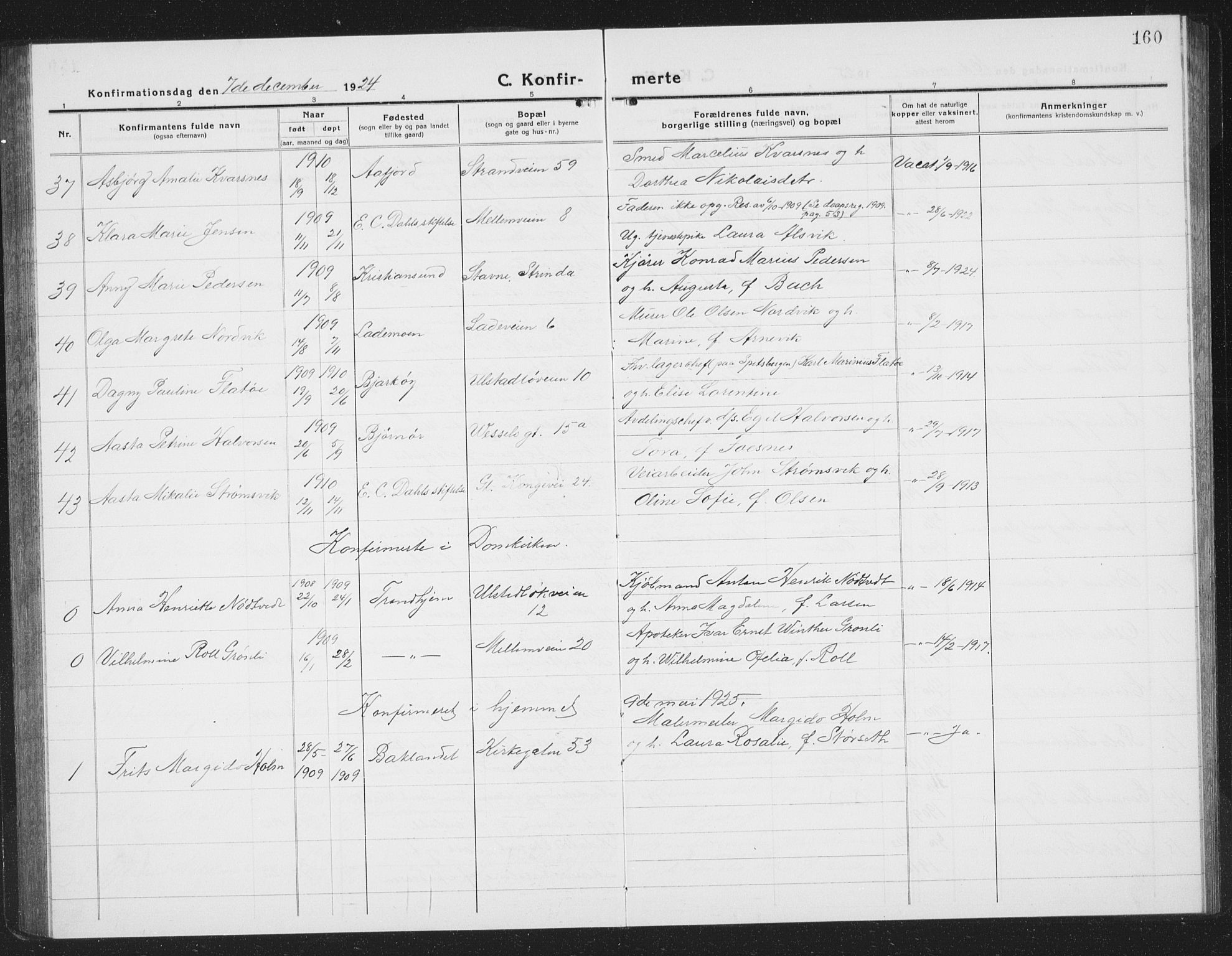 Ministerialprotokoller, klokkerbøker og fødselsregistre - Sør-Trøndelag, SAT/A-1456/605/L0258: Parish register (copy) no. 605C05, 1918-1930, p. 160