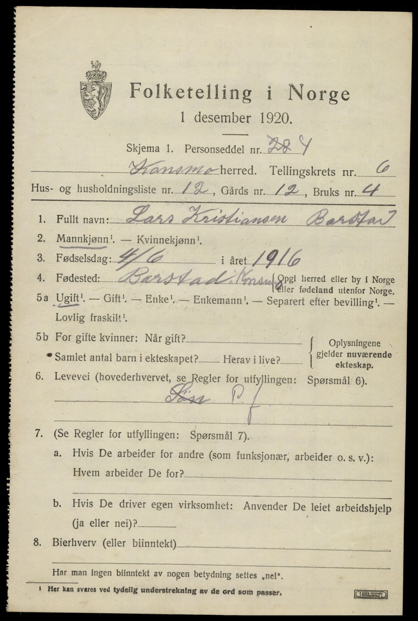 SAK, 1920 census for Konsmo, 1920, p. 1460