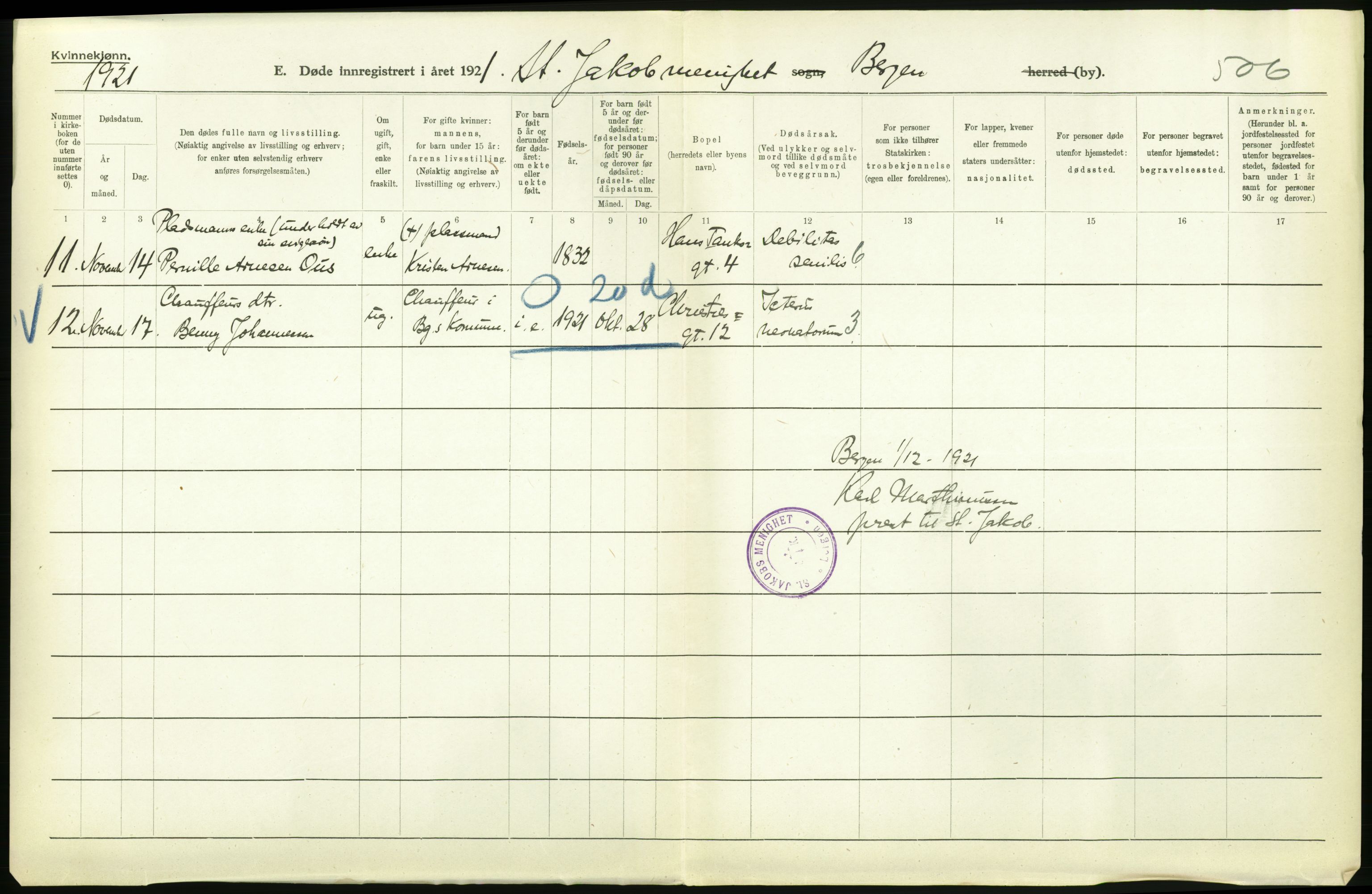 Statistisk sentralbyrå, Sosiodemografiske emner, Befolkning, AV/RA-S-2228/D/Df/Dfc/Dfca/L0036: Bergen: Døde., 1921, p. 418