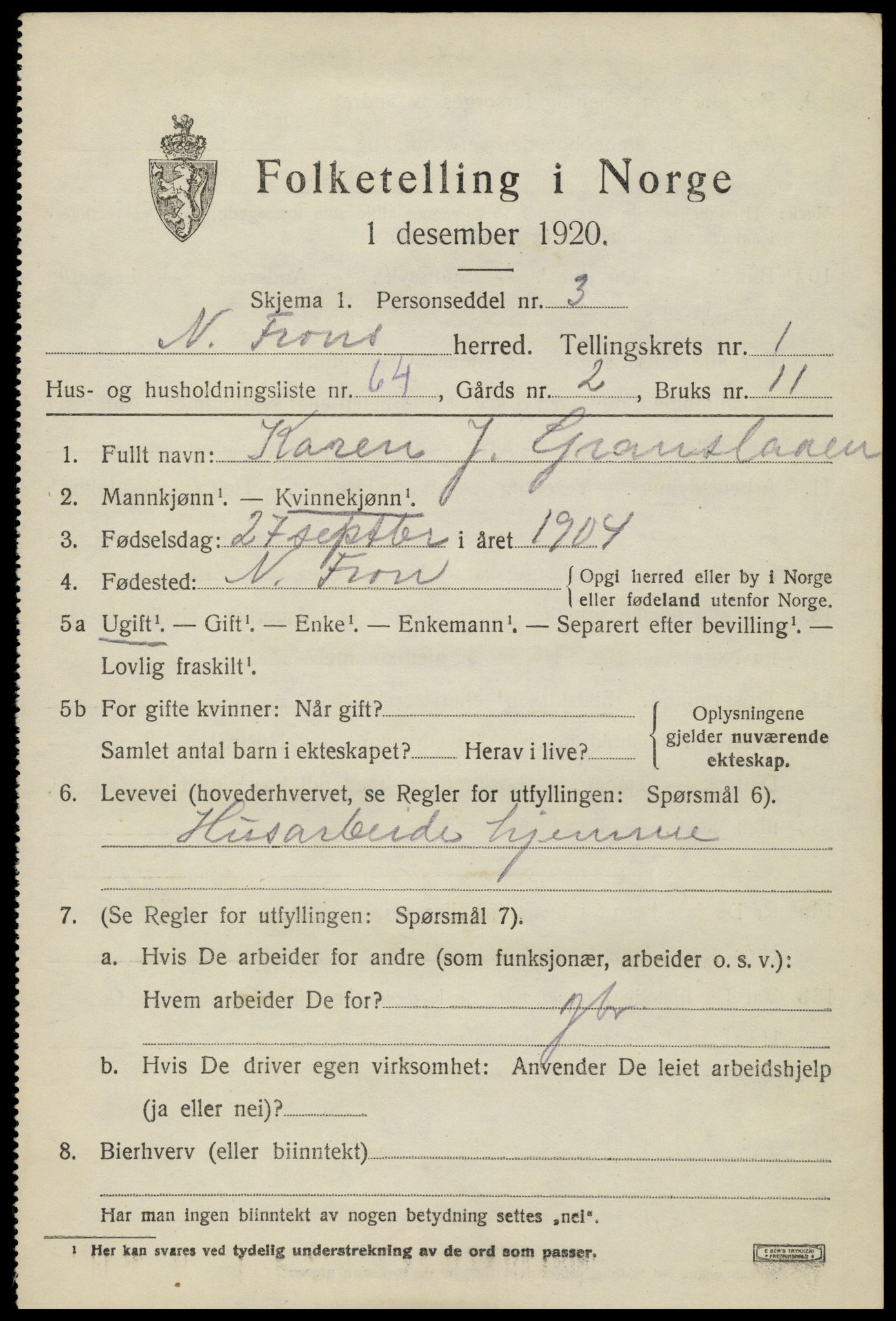 SAH, 1920 census for Nord-Fron, 1920, p. 2382