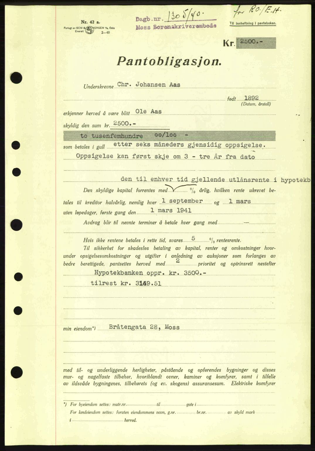 Moss sorenskriveri, SAO/A-10168: Mortgage book no. B10, 1940-1941, Diary no: : 1305/1940
