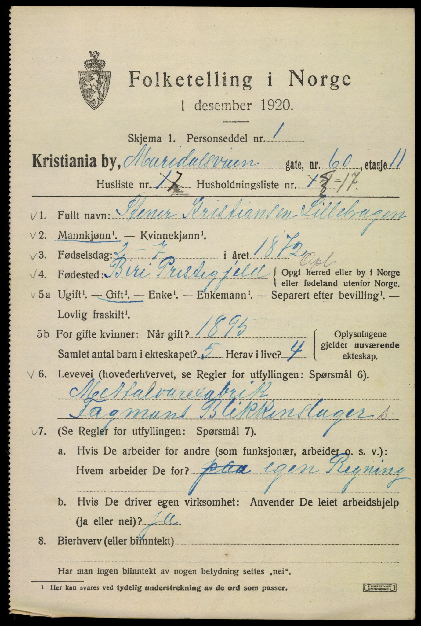 SAO, 1920 census for Kristiania, 1920, p. 380157