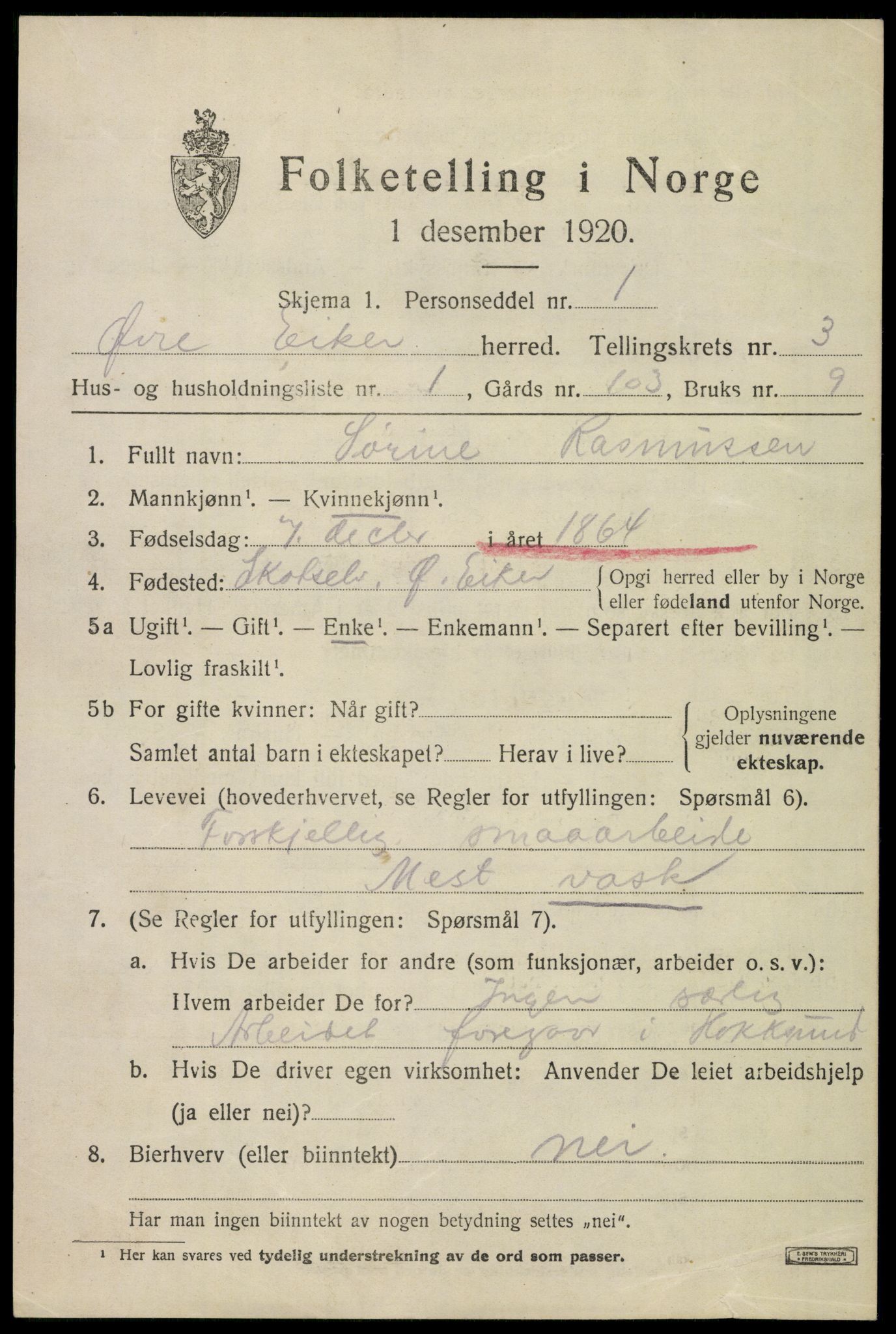 SAKO, 1920 census for Øvre Eiker, 1920, p. 8094