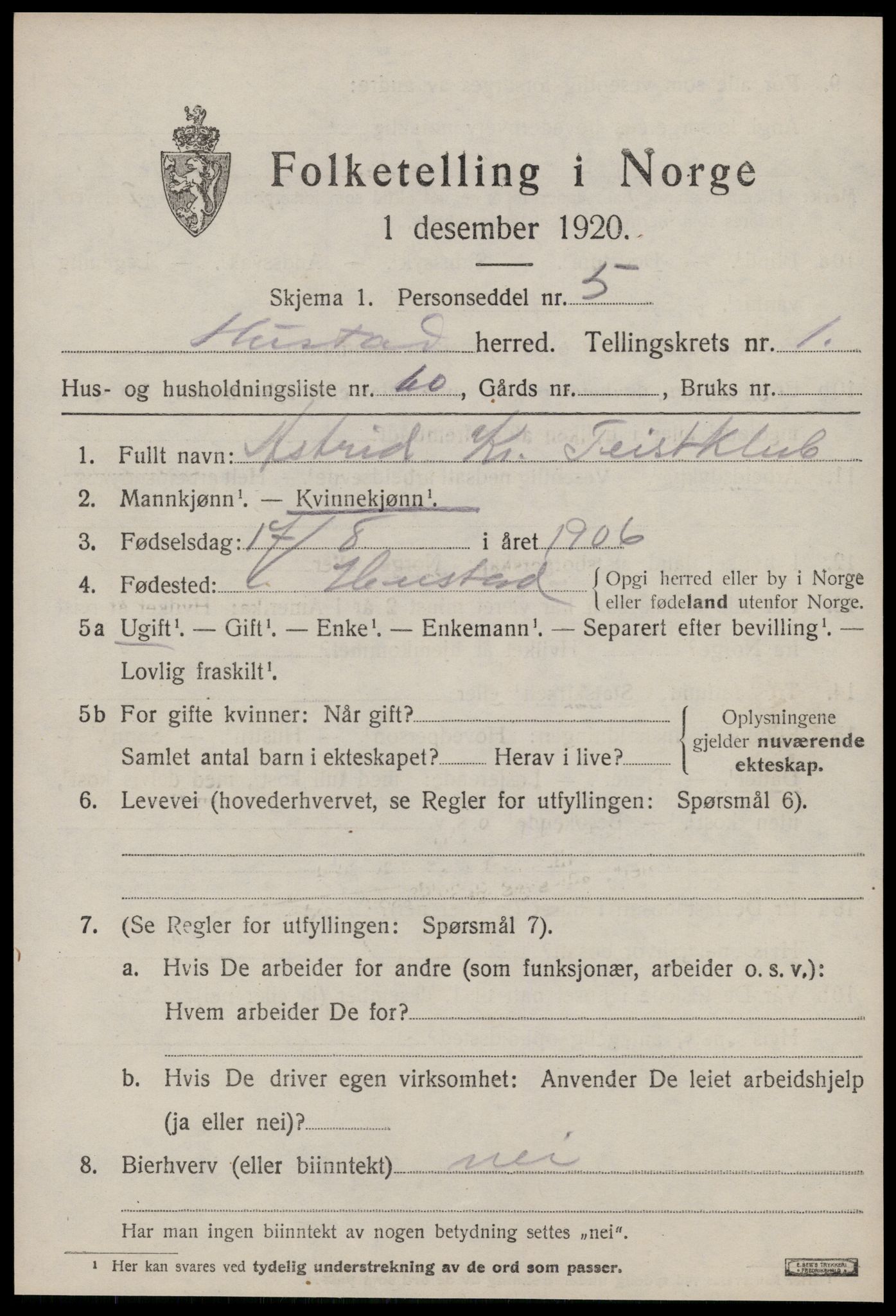SAT, 1920 census for Hustad, 1920, p. 1485