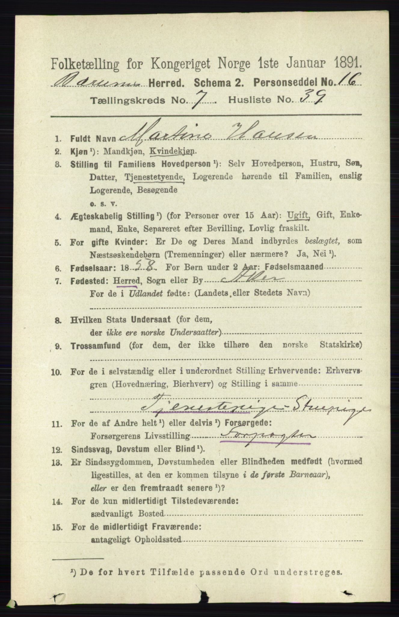 RA, 1891 census for 0219 Bærum, 1891, p. 4435