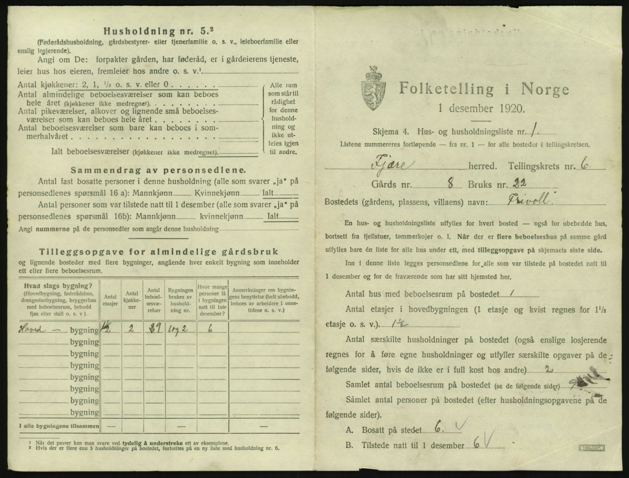 SAK, 1920 census for Fjære, 1920, p. 1189