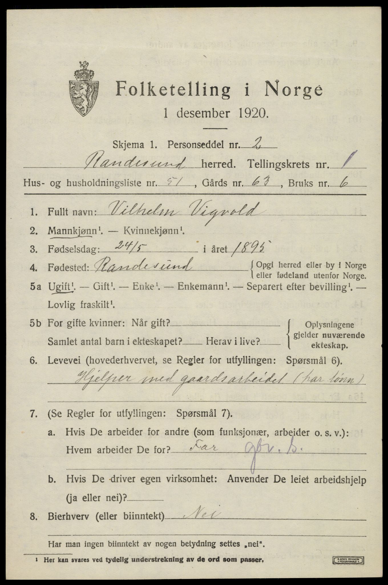 SAK, 1920 census for Randesund, 1920, p. 1084