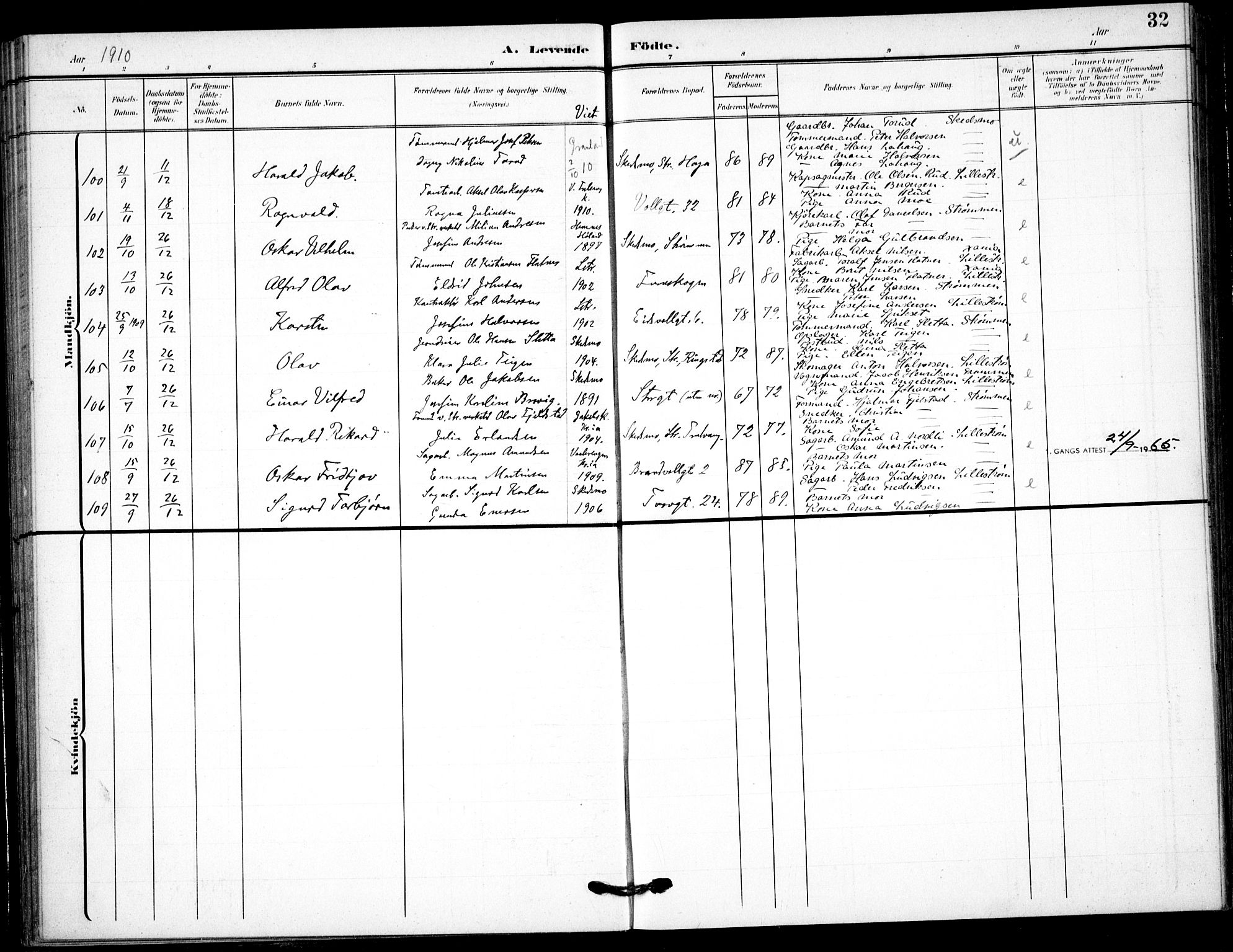 Skedsmo prestekontor Kirkebøker, AV/SAO-A-10033a/F/Fc/L0001: Parish register (official) no. III 1, 1908-1916, p. 32