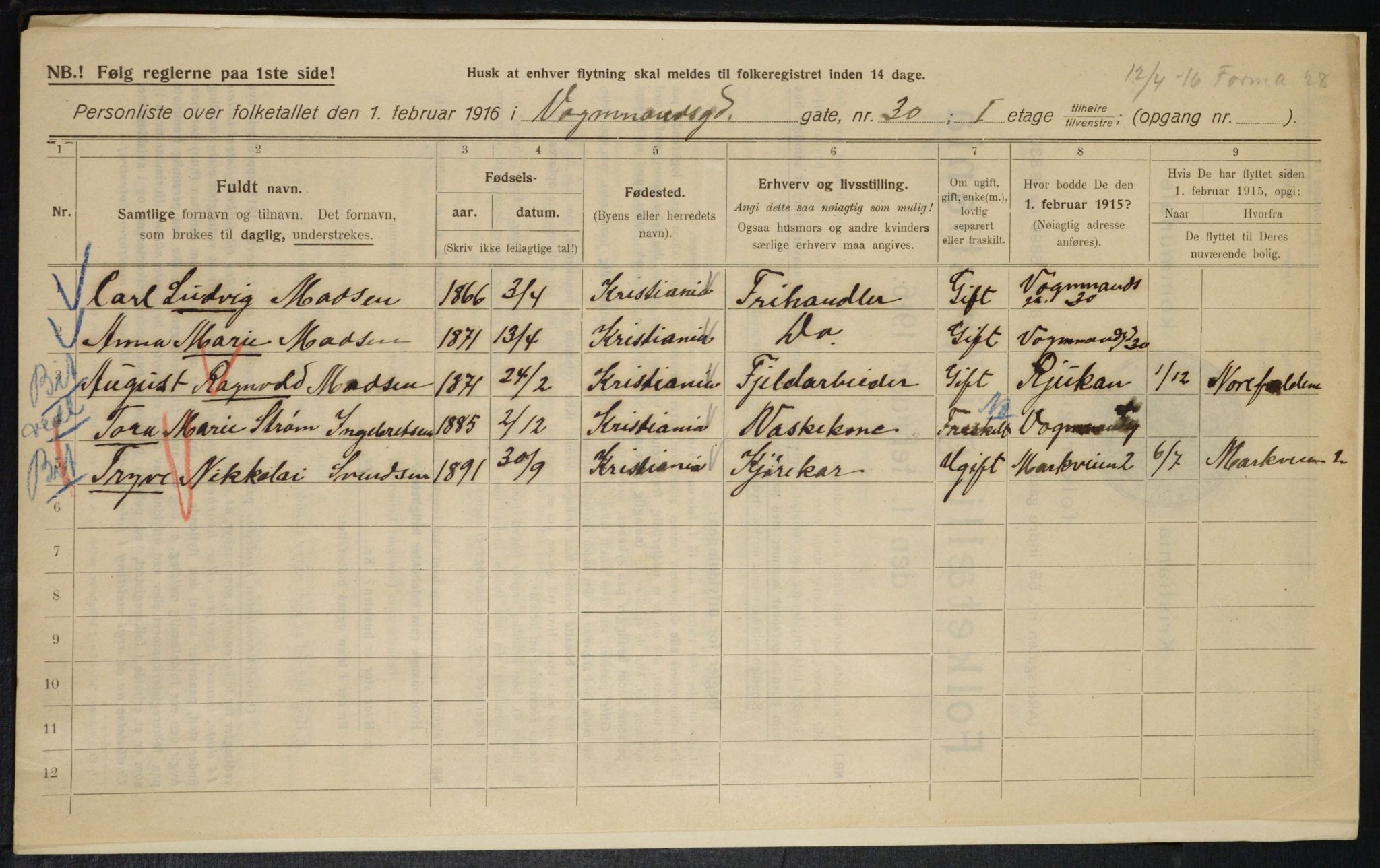 OBA, Municipal Census 1916 for Kristiania, 1916, p. 127907