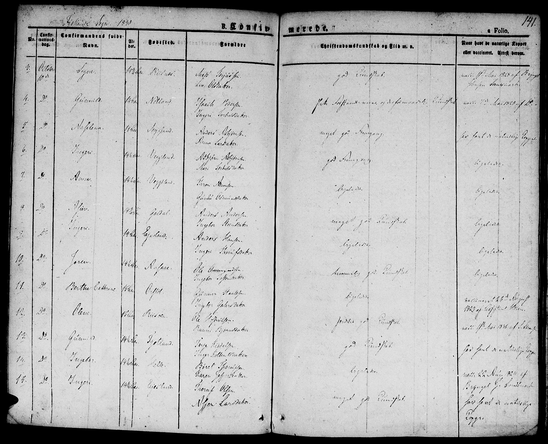 Hægebostad sokneprestkontor, AV/SAK-1111-0024/F/Fa/Faa/L0003: Parish register (official) no. A 3 /2, 1825-1840, p. 141