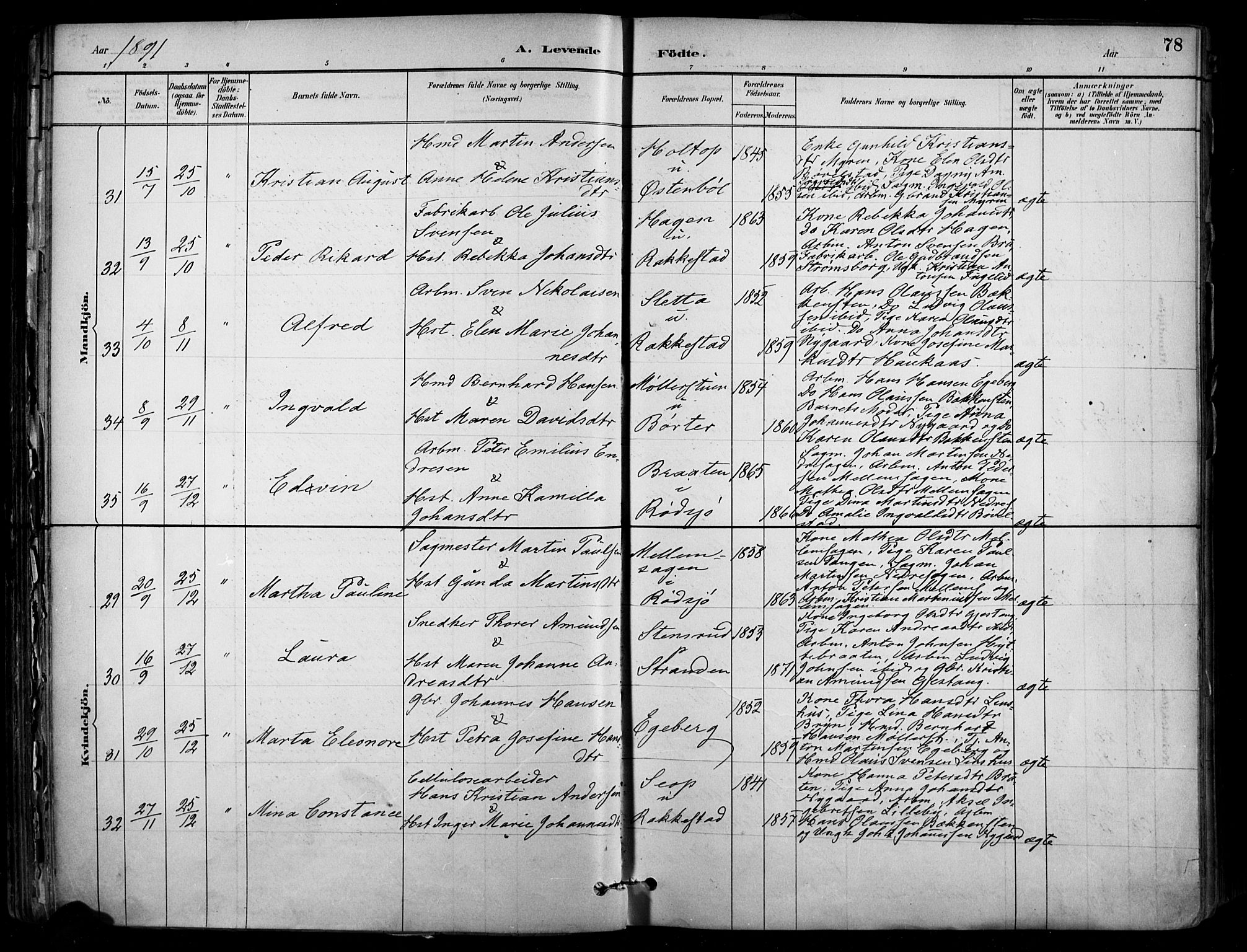 Enebakk prestekontor Kirkebøker, SAO/A-10171c/F/Fa/L0016: Parish register (official) no. I 16, 1883-1898, p. 78