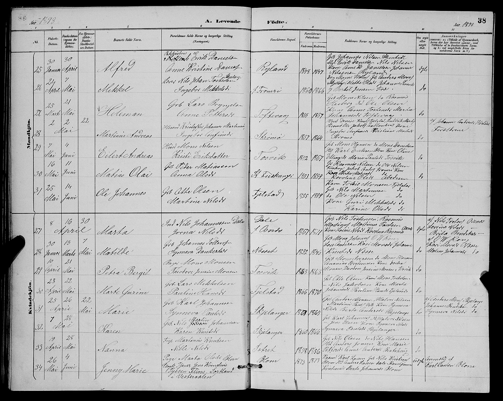 Herdla Sokneprestembete, AV/SAB-A-75701/H/Hab: Parish register (copy) no. A 3, 1889-1899, p. 38