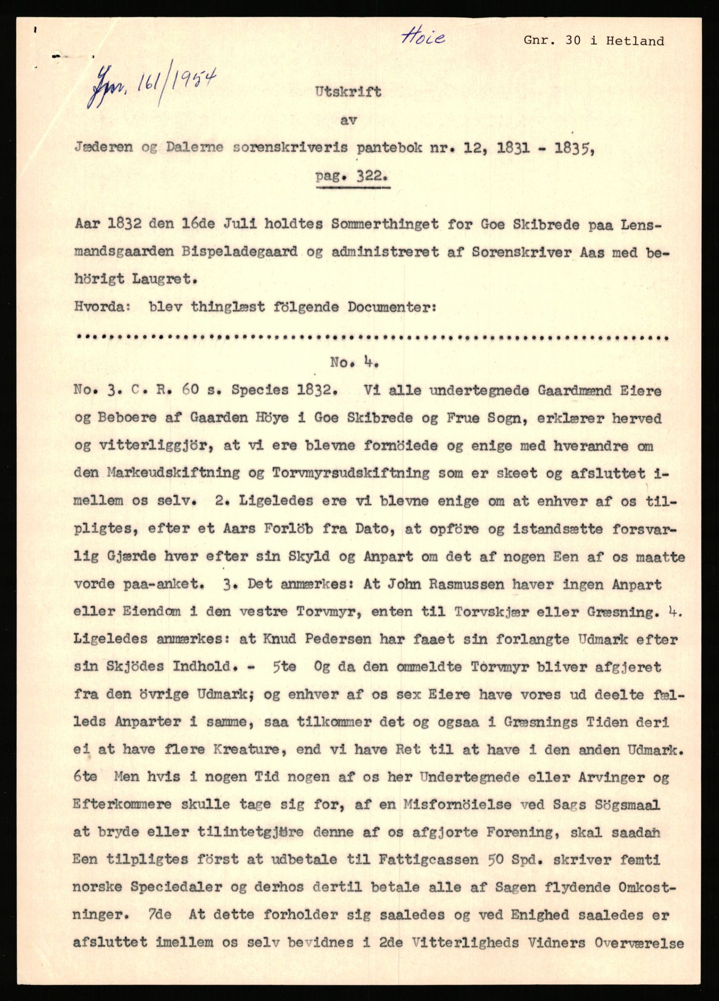 Statsarkivet i Stavanger, AV/SAST-A-101971/03/Y/Yj/L0038: Avskrifter sortert etter gårdsnavn: Hodne - Holte, 1750-1930, p. 394