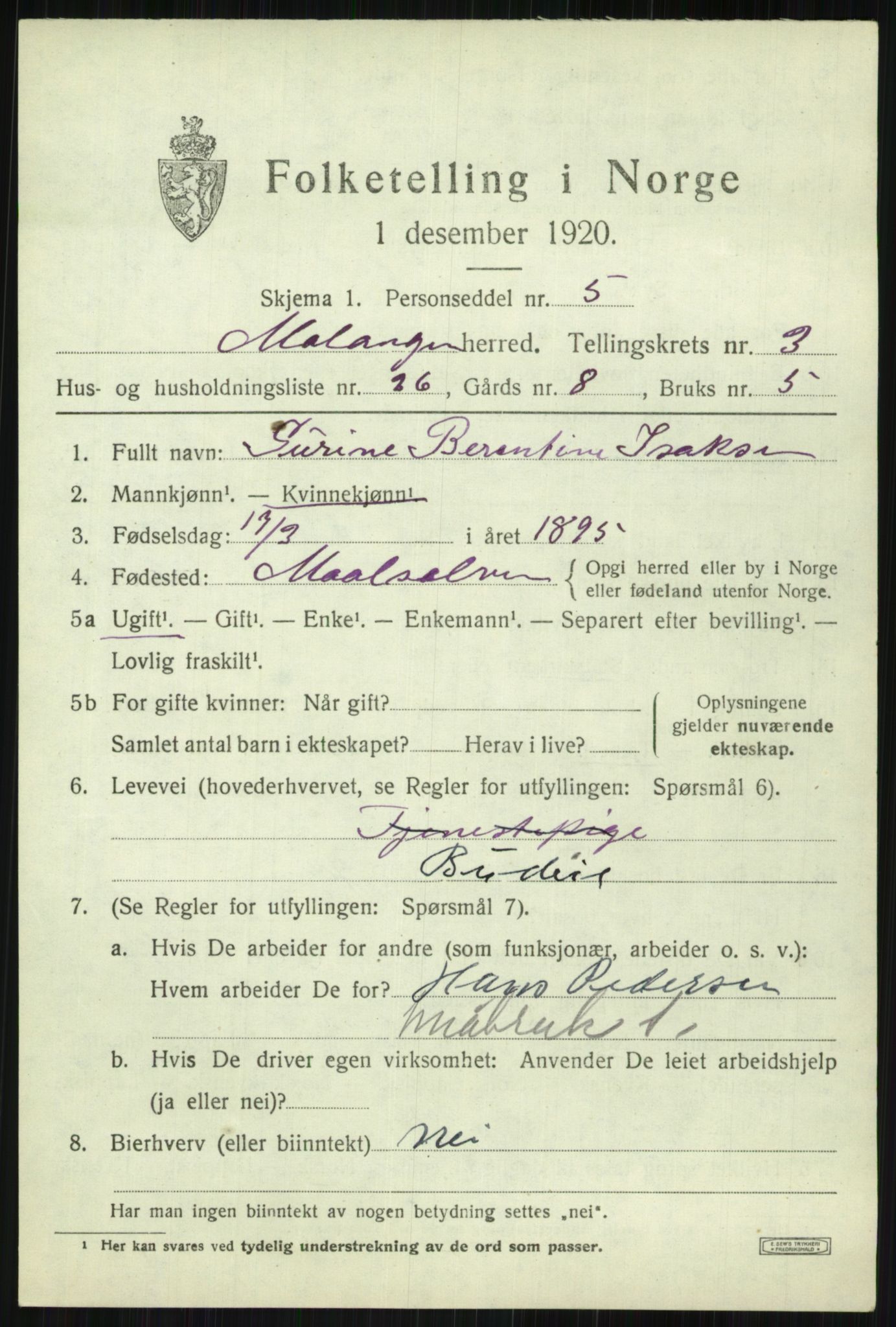 SATØ, 1920 census for Malangen, 1920, p. 1581