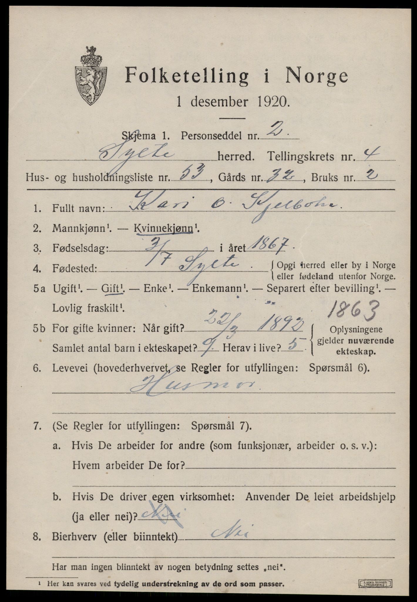 SAT, 1920 census for Sylte, 1920, p. 3045