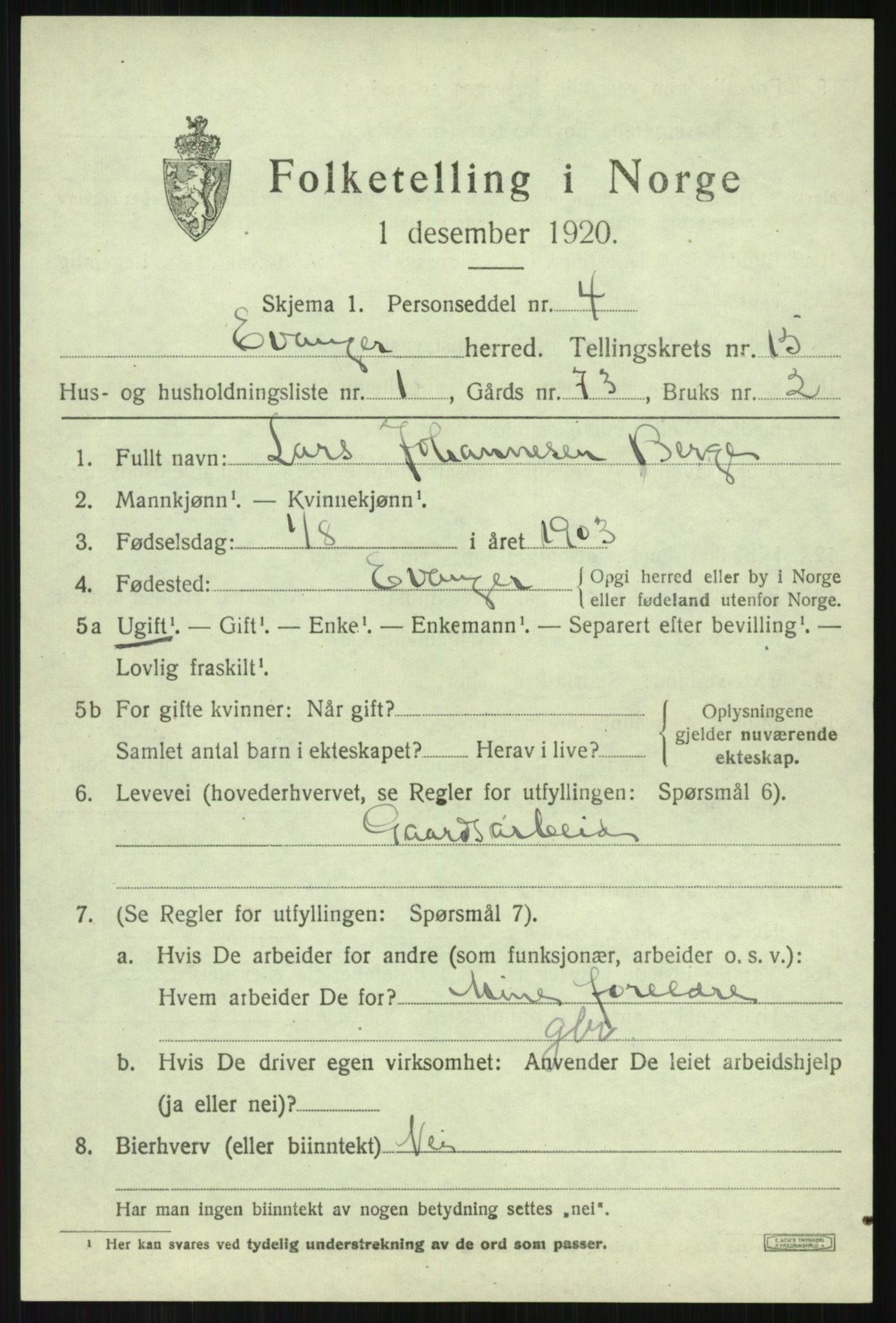 SAB, 1920 census for Evanger, 1920, p. 4091