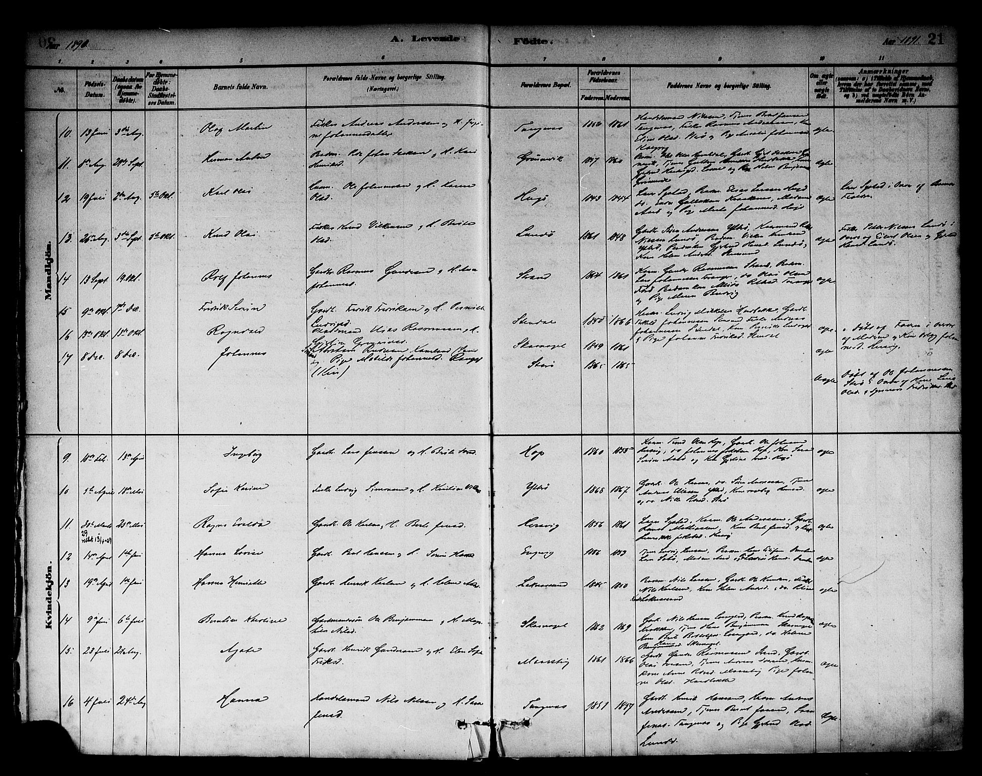 Solund sokneprestembete, SAB/A-81401: Parish register (official) no. A 1, 1881-1902, p. 21