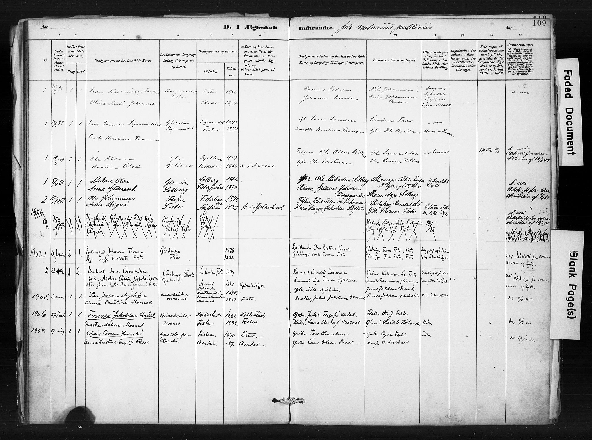 Hjelmeland sokneprestkontor, SAST/A-101843/01/IV/L0015: Parish register (official) no. A 15, 1887-1910, p. 109