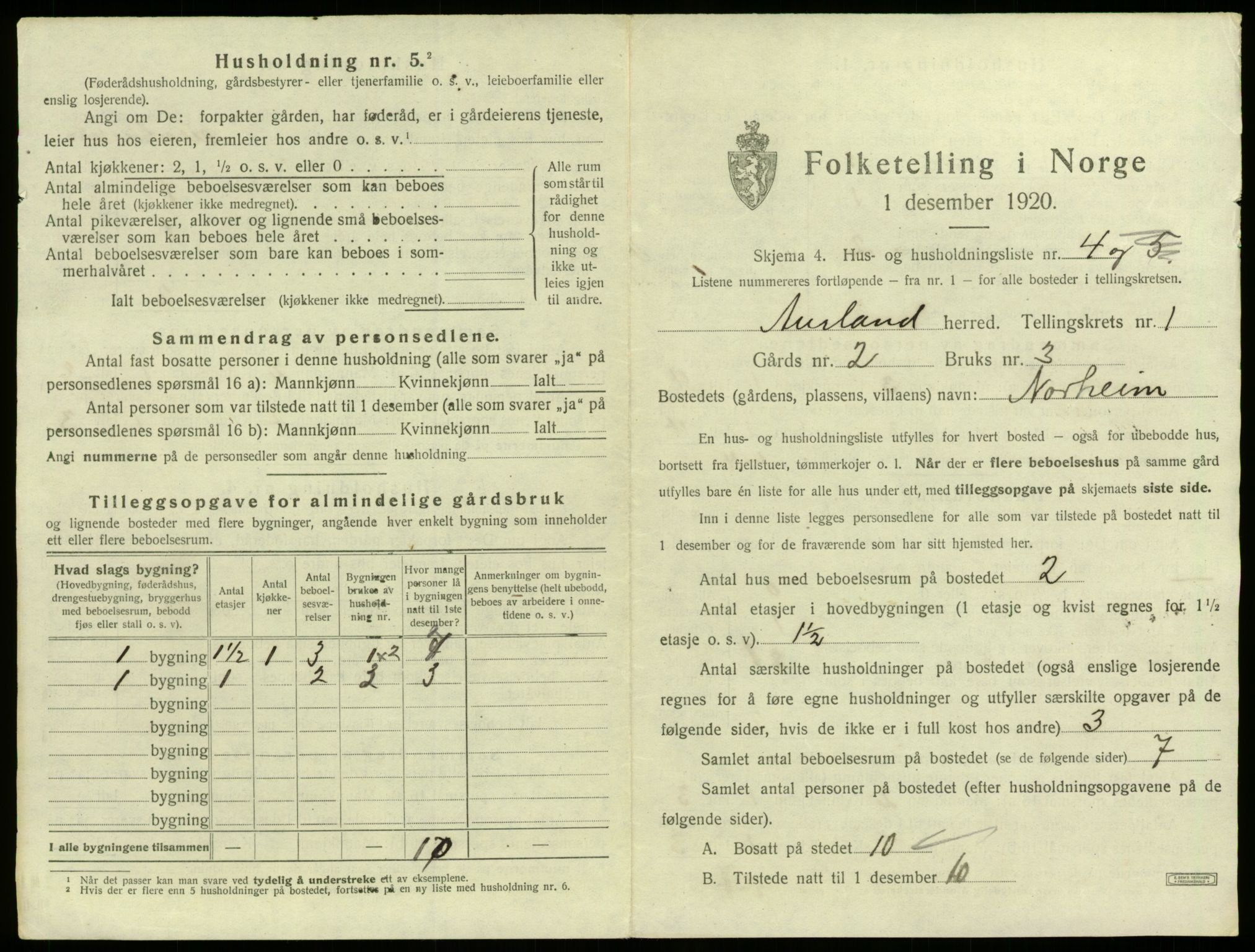 SAB, 1920 census for Aurland, 1920, p. 45