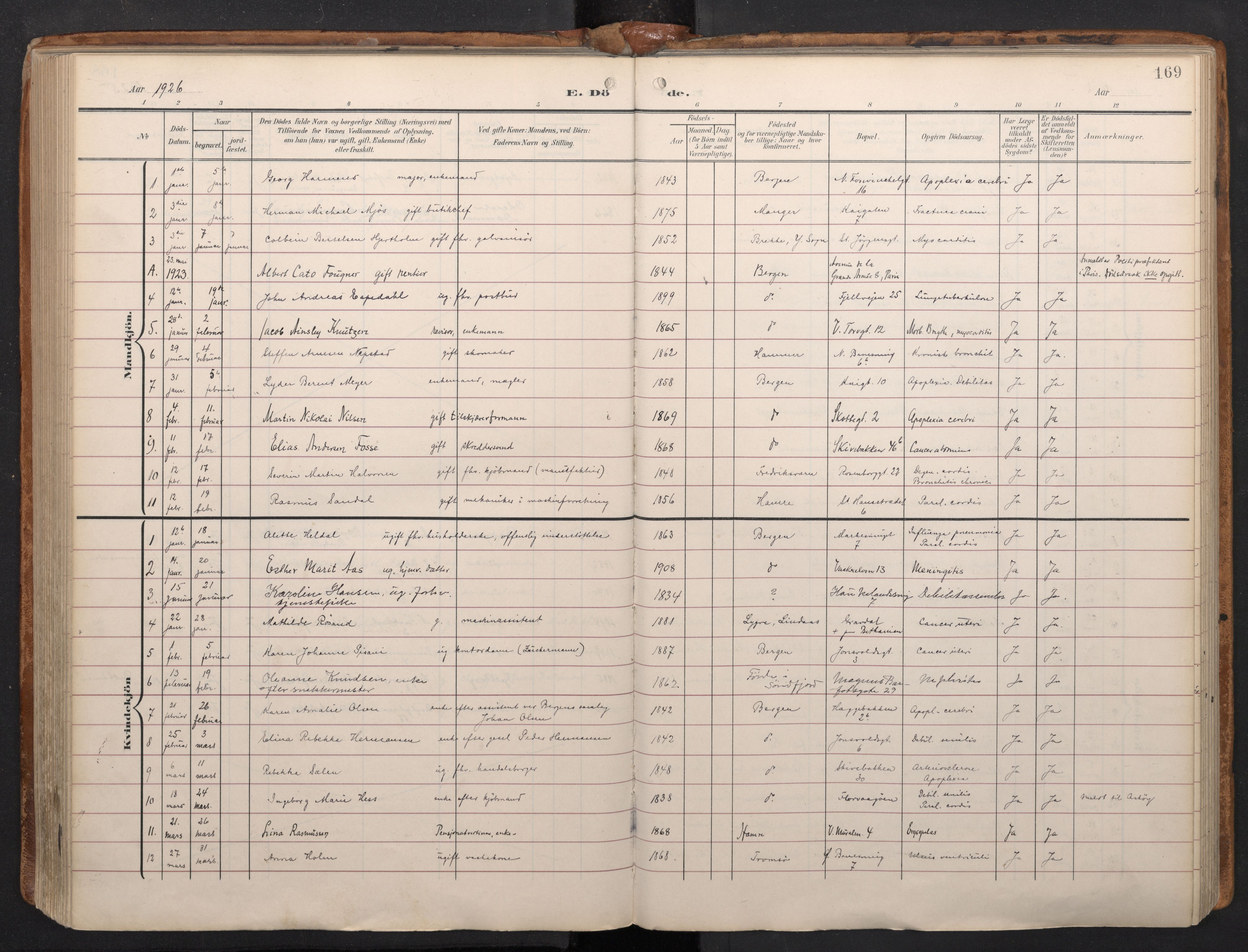 Domkirken sokneprestembete, AV/SAB-A-74801/H/Haa/L0044: Parish register (official) no. E 6, 1904-1946, p. 168b-169a