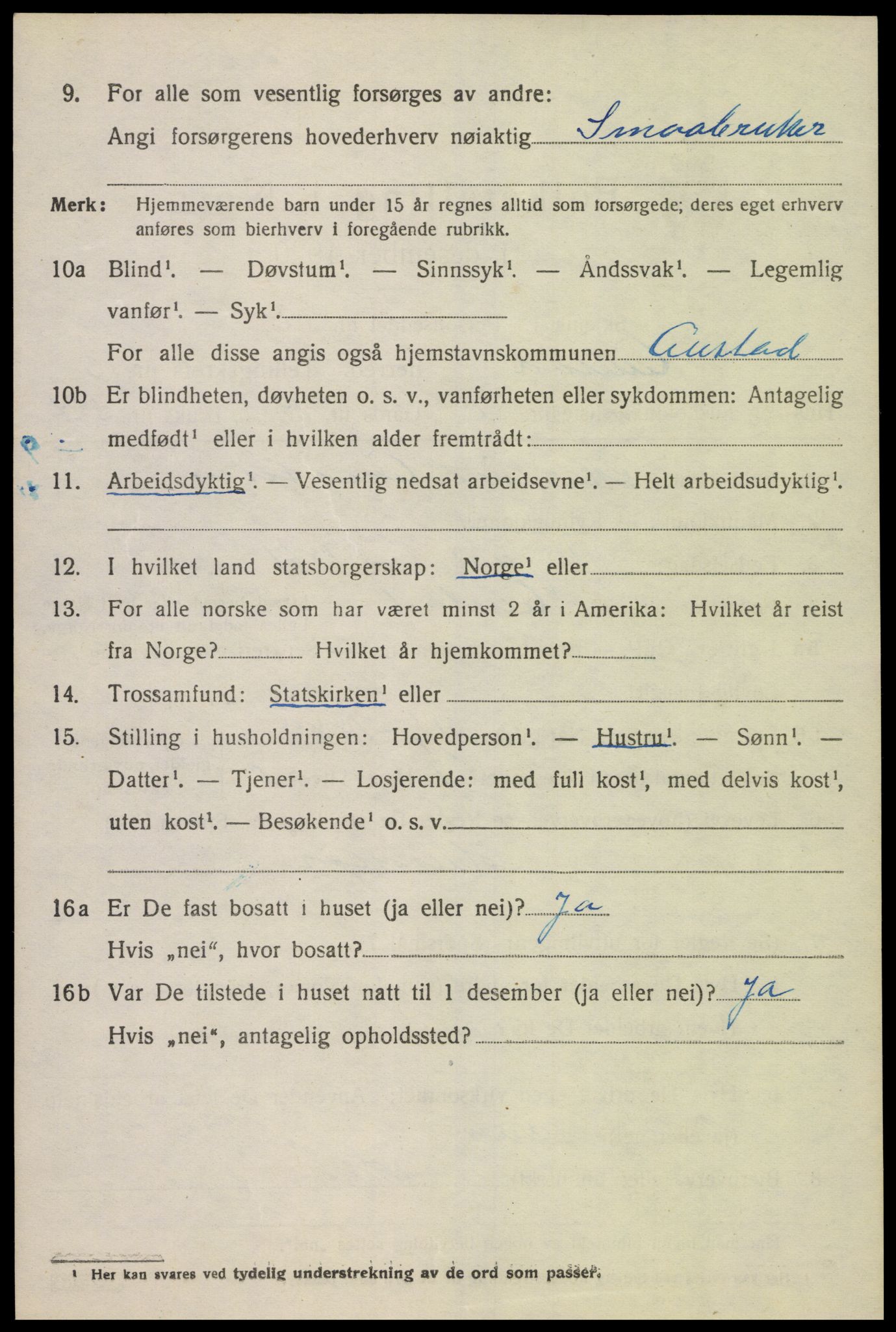 SAK, 1920 census for Austad, 1920, p. 1034