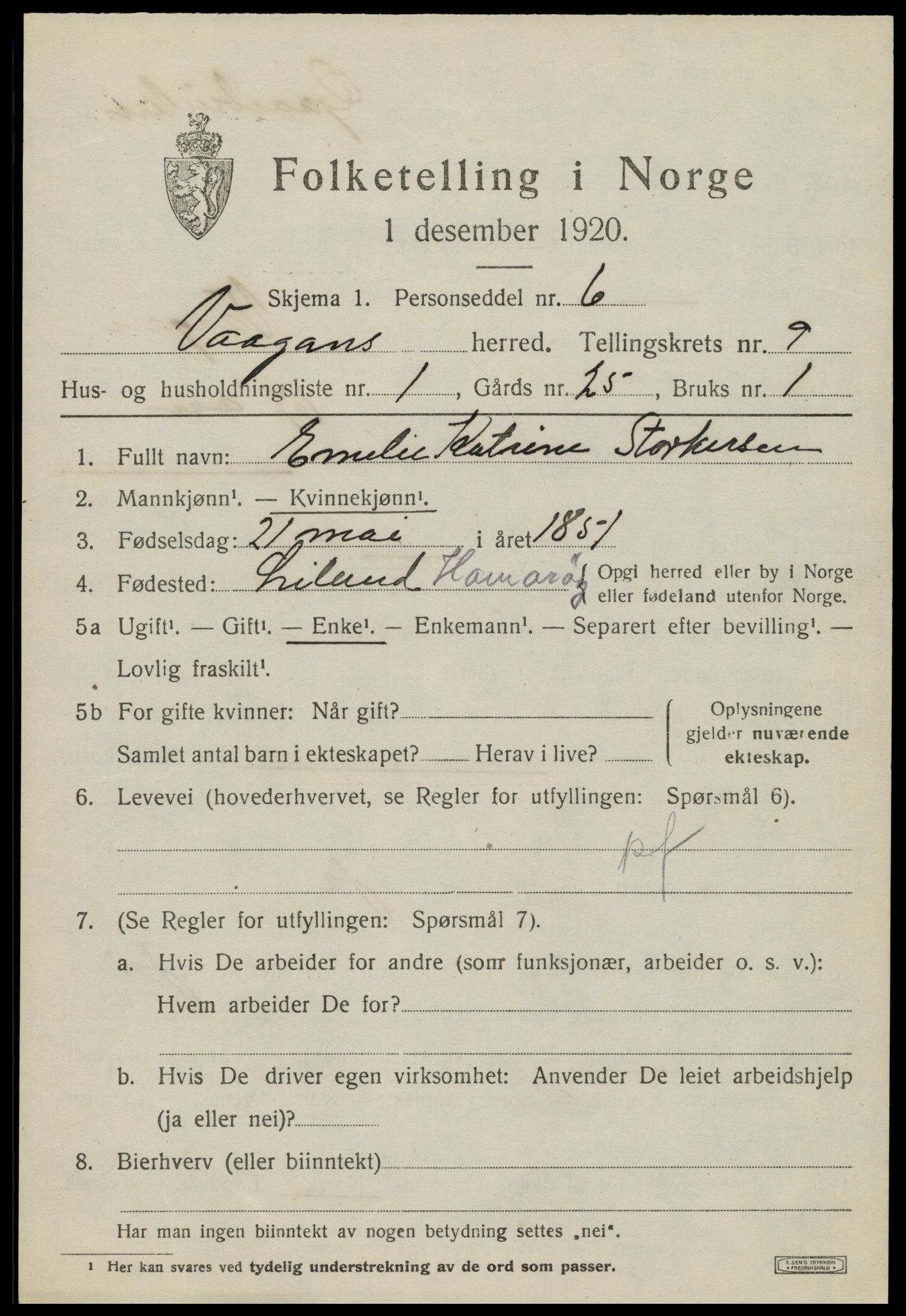 SAT, 1920 census for Vågan, 1920, p. 8107