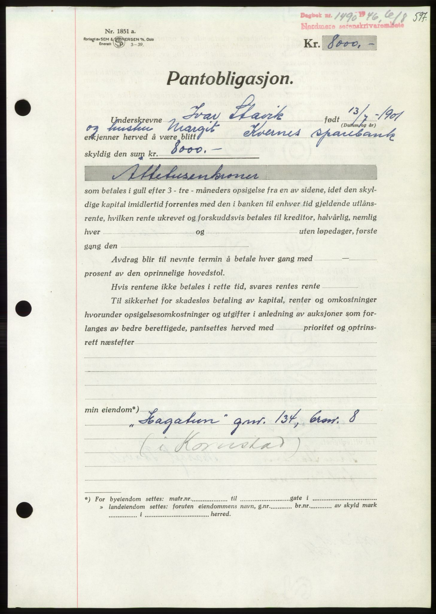 Nordmøre sorenskriveri, AV/SAT-A-4132/1/2/2Ca: Mortgage book no. B94, 1946-1946, Diary no: : 1490/1946