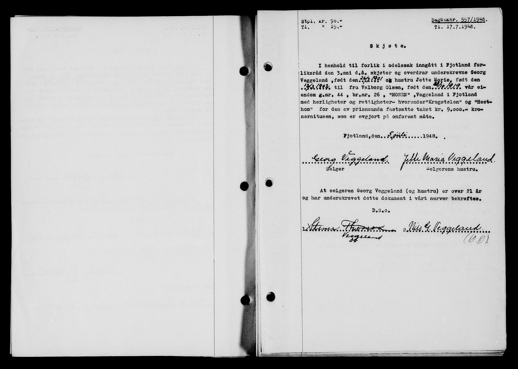 Flekkefjord sorenskriveri, SAK/1221-0001/G/Gb/Gba/L0064: Mortgage book no. A-12, 1948-1949, Diary no: : 557/1948