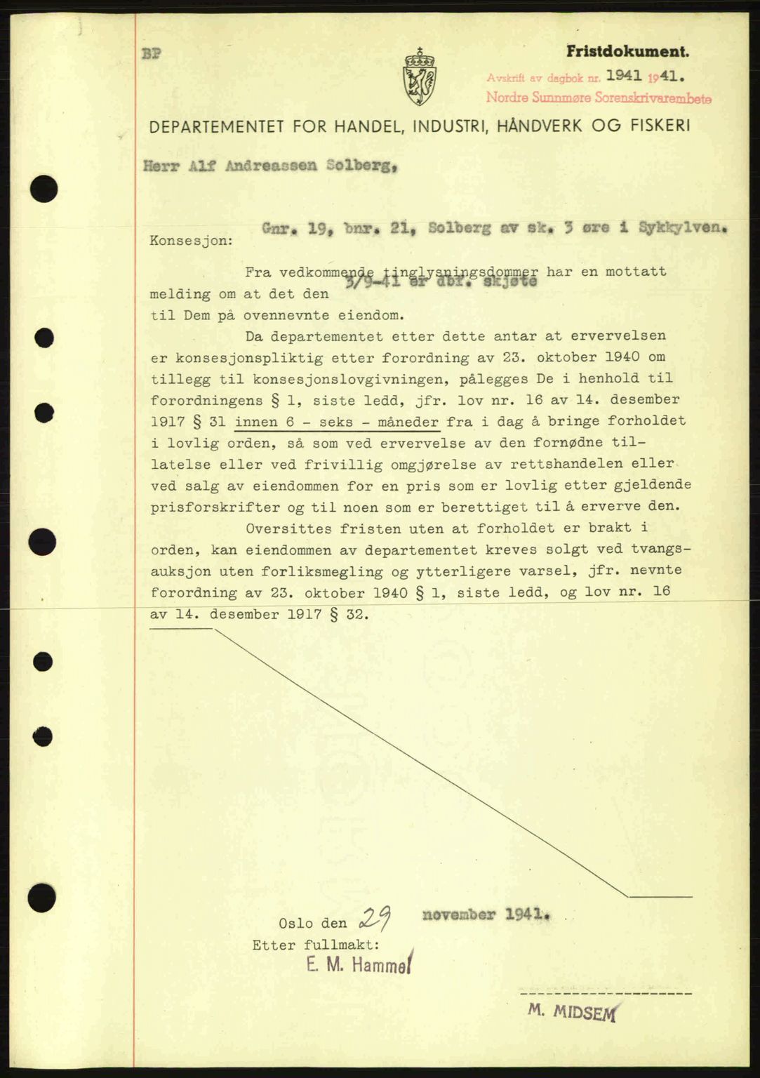 Nordre Sunnmøre sorenskriveri, AV/SAT-A-0006/1/2/2C/2Ca: Mortgage book no. B1-6, 1938-1942, Diary no: : 1941/1941