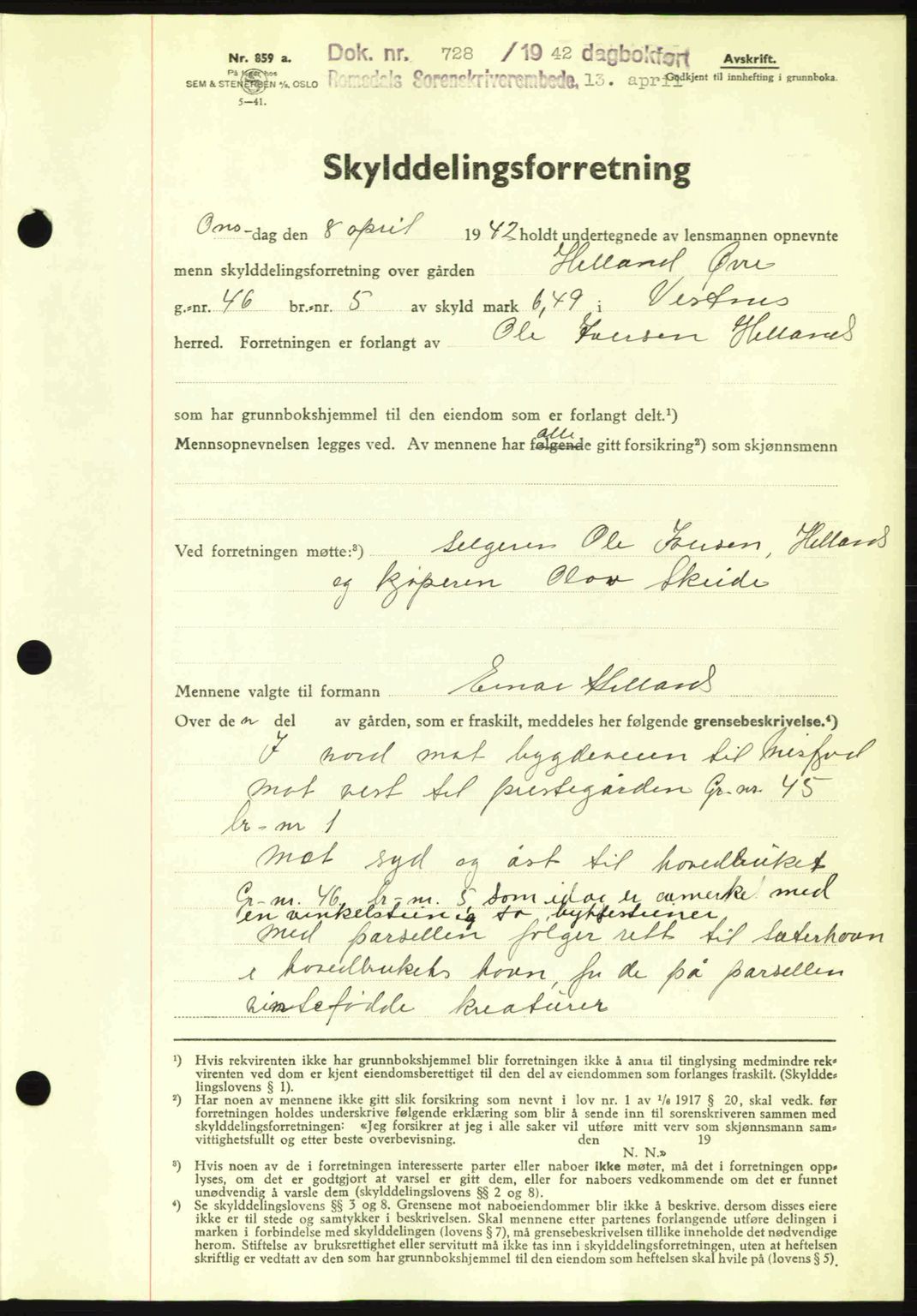 Romsdal sorenskriveri, AV/SAT-A-4149/1/2/2C: Mortgage book no. A12, 1942-1942, Diary no: : 728/1942