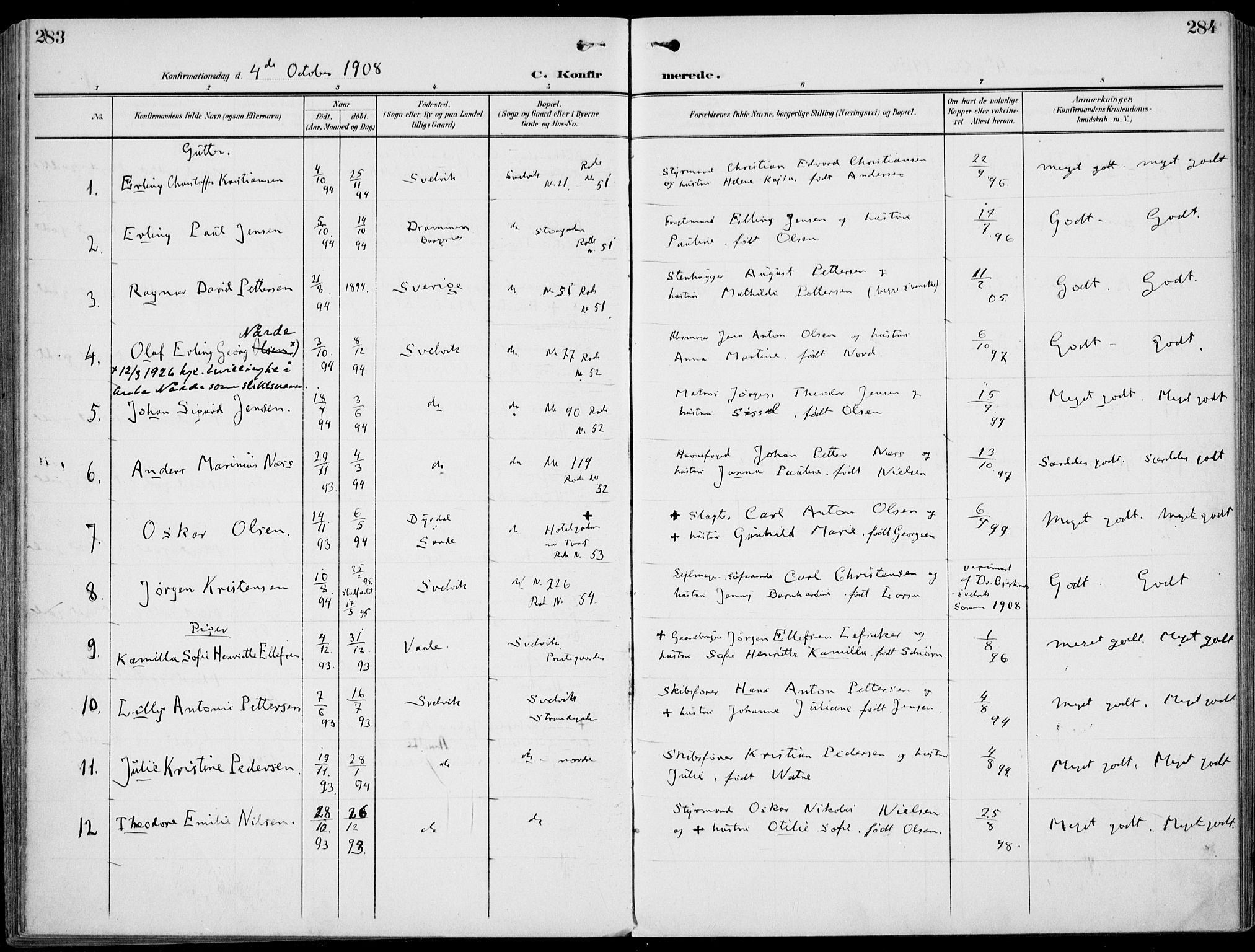 Strømm kirkebøker, AV/SAKO-A-322/F/Fb/L0002: Parish register (official) no. II 2, 1900-1919, p. 283-284