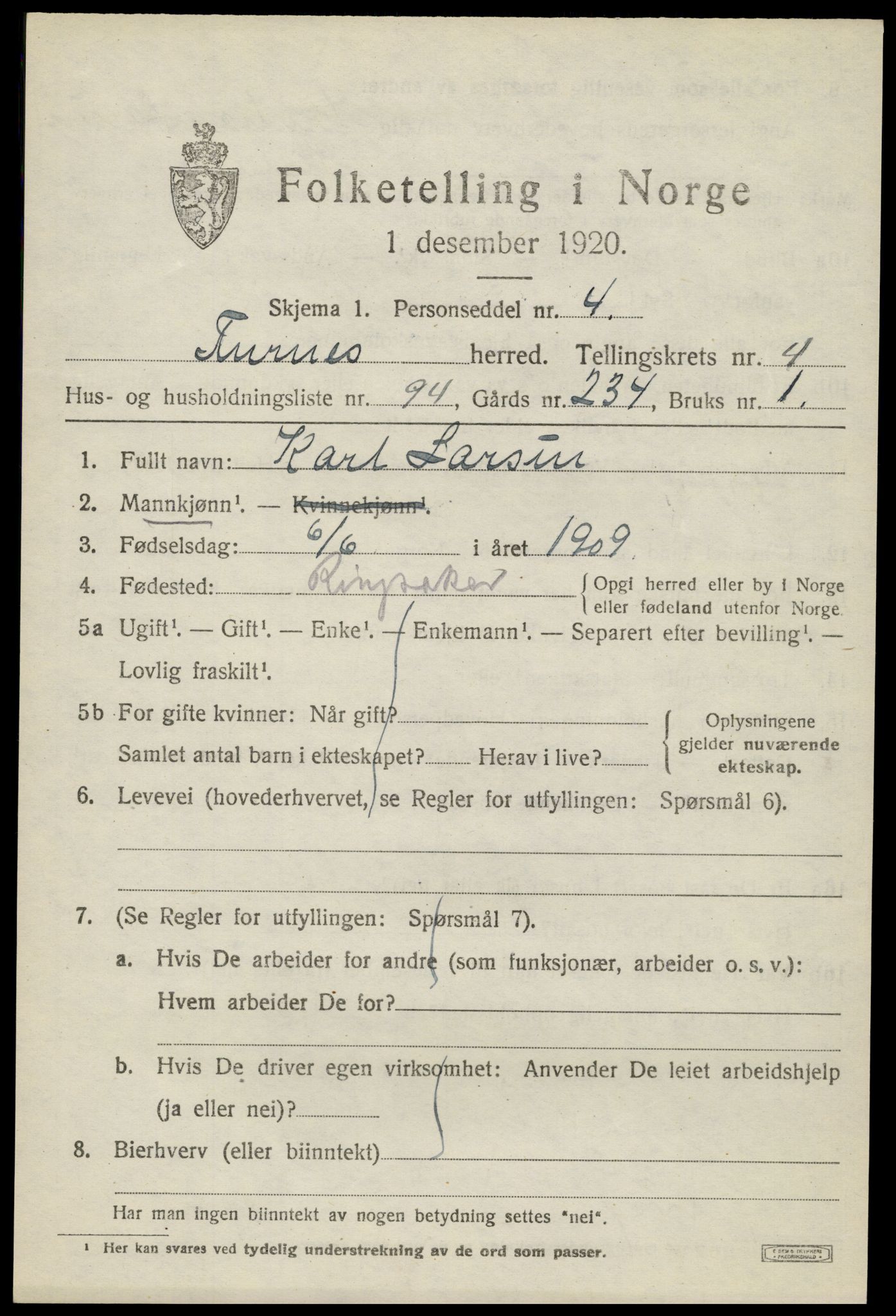 SAH, 1920 census for Furnes, 1920, p. 6959