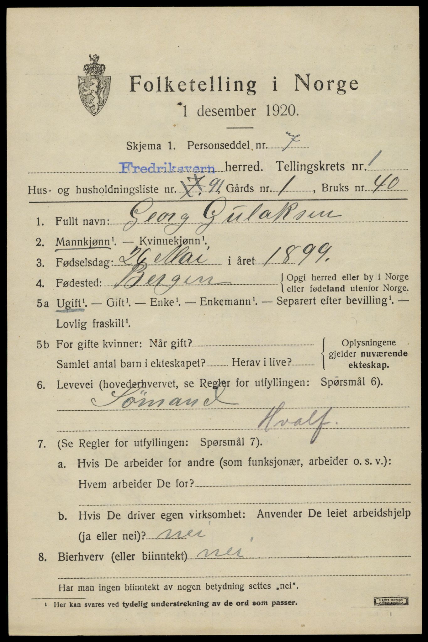 SAKO, 1920 census for Fredriksvern, 1920, p. 957