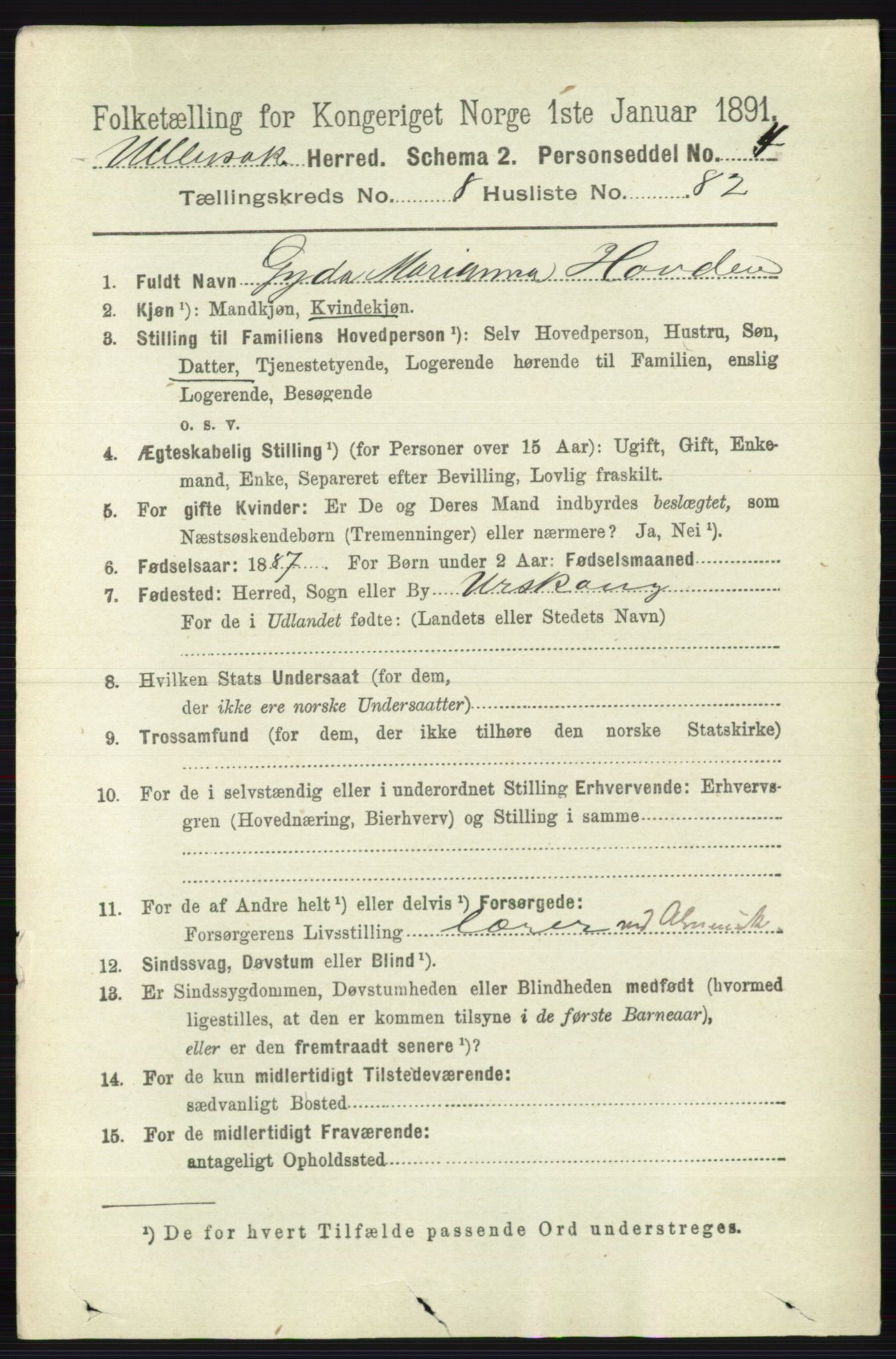 RA, 1891 census for 0235 Ullensaker, 1891, p. 3961