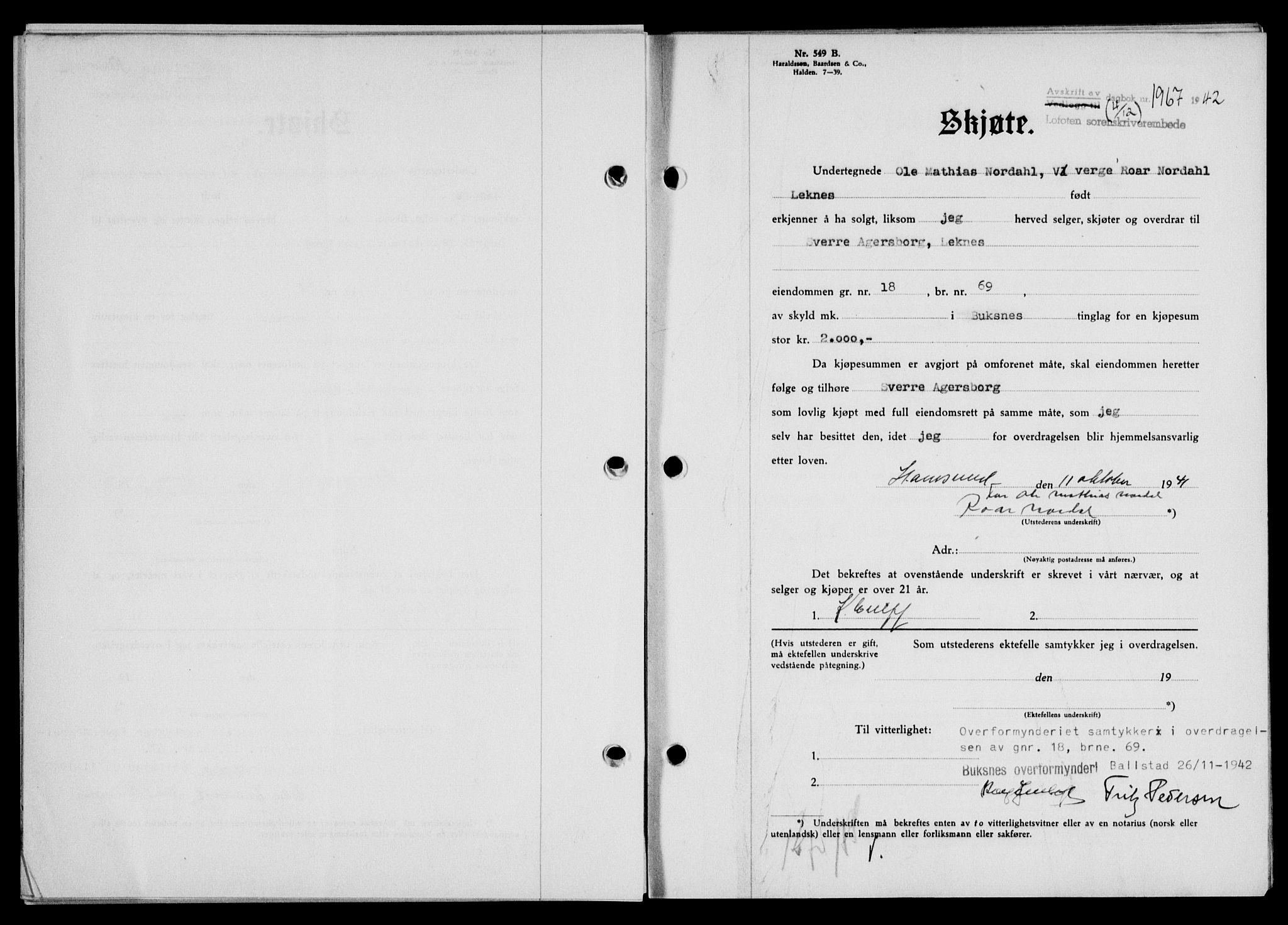 Lofoten sorenskriveri, SAT/A-0017/1/2/2C/L0010a: Mortgage book no. 10a, 1942-1943, Diary no: : 1967/1942