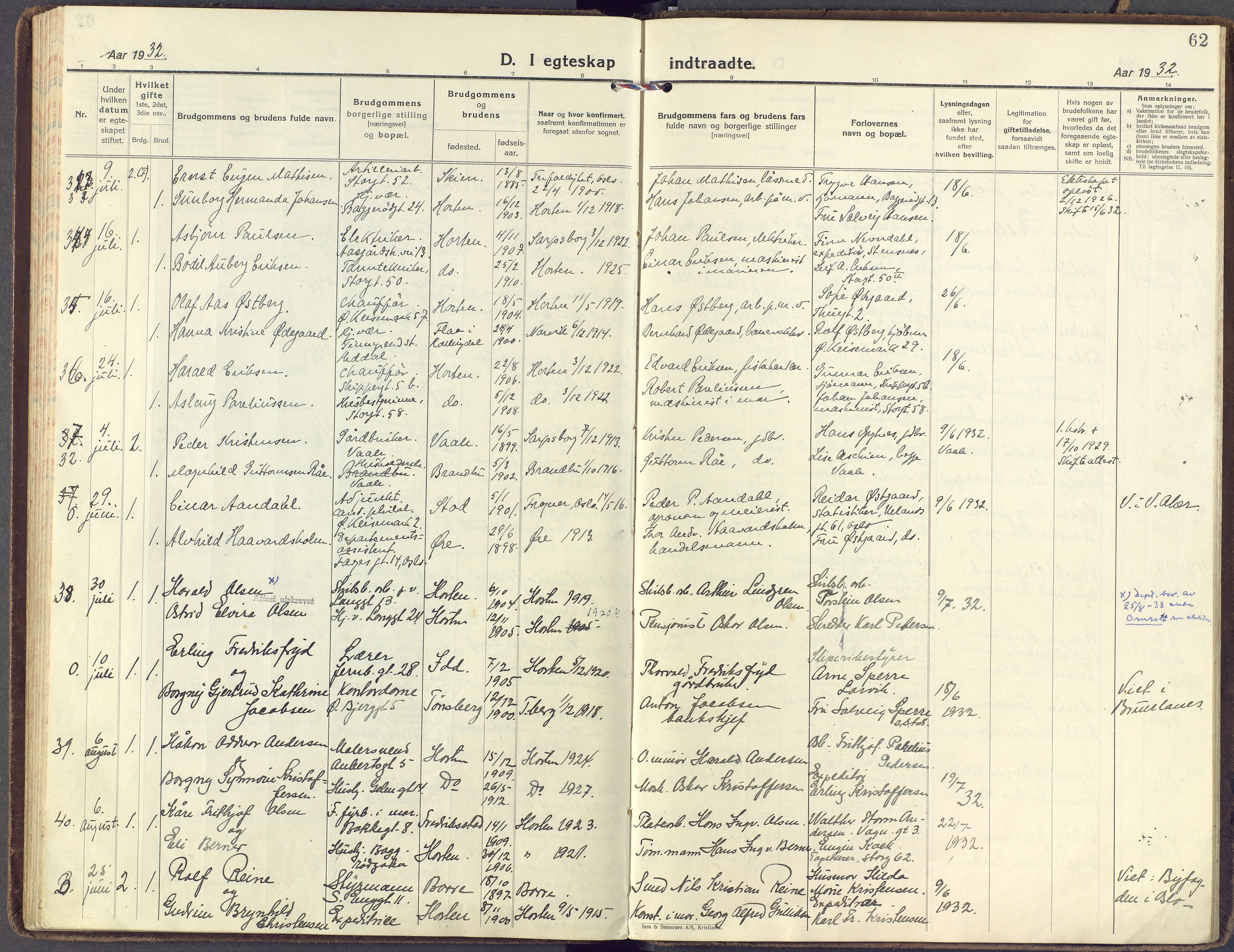 Horten kirkebøker, AV/SAKO-A-348/F/Fa/L0009: Parish register (official) no. 9, 1925-1936, p. 62