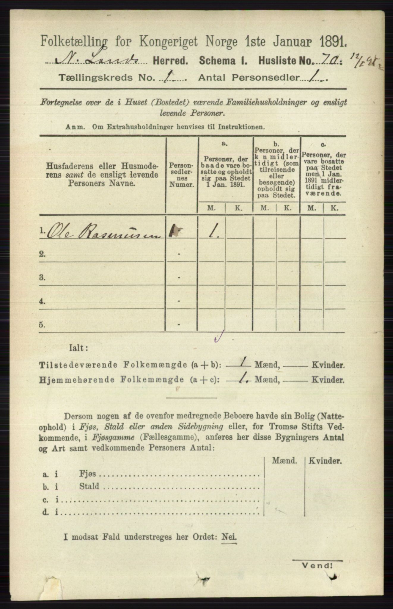 RA, 1891 census for 0538 Nordre Land, 1891, p. 117