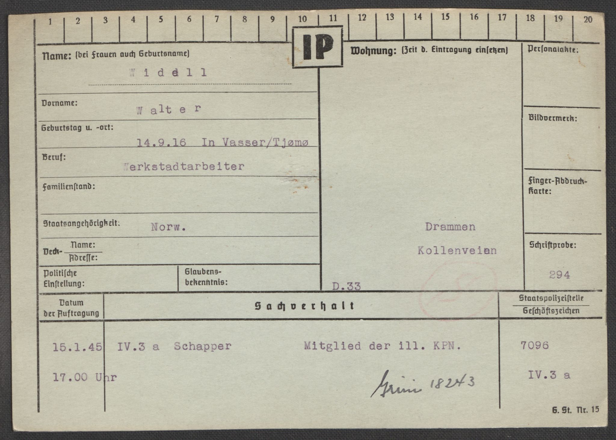 Befehlshaber der Sicherheitspolizei und des SD, AV/RA-RAFA-5969/E/Ea/Eaa/L0010: Register over norske fanger i Møllergata 19: Sø-Å, 1940-1945, p. 972