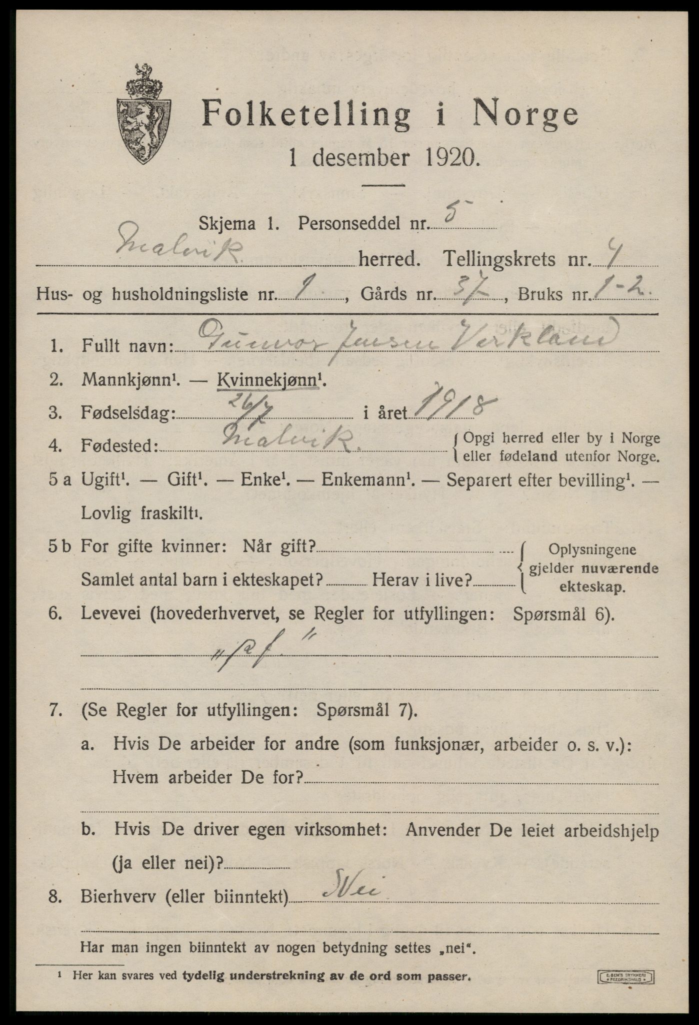 SAT, 1920 census for Malvik, 1920, p. 2576