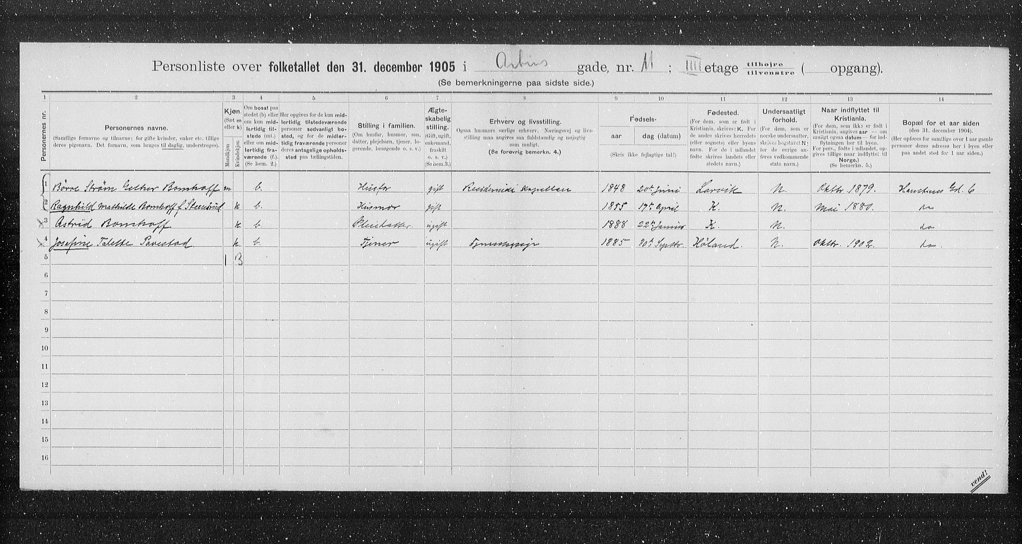 OBA, Municipal Census 1905 for Kristiania, 1905, p. 905