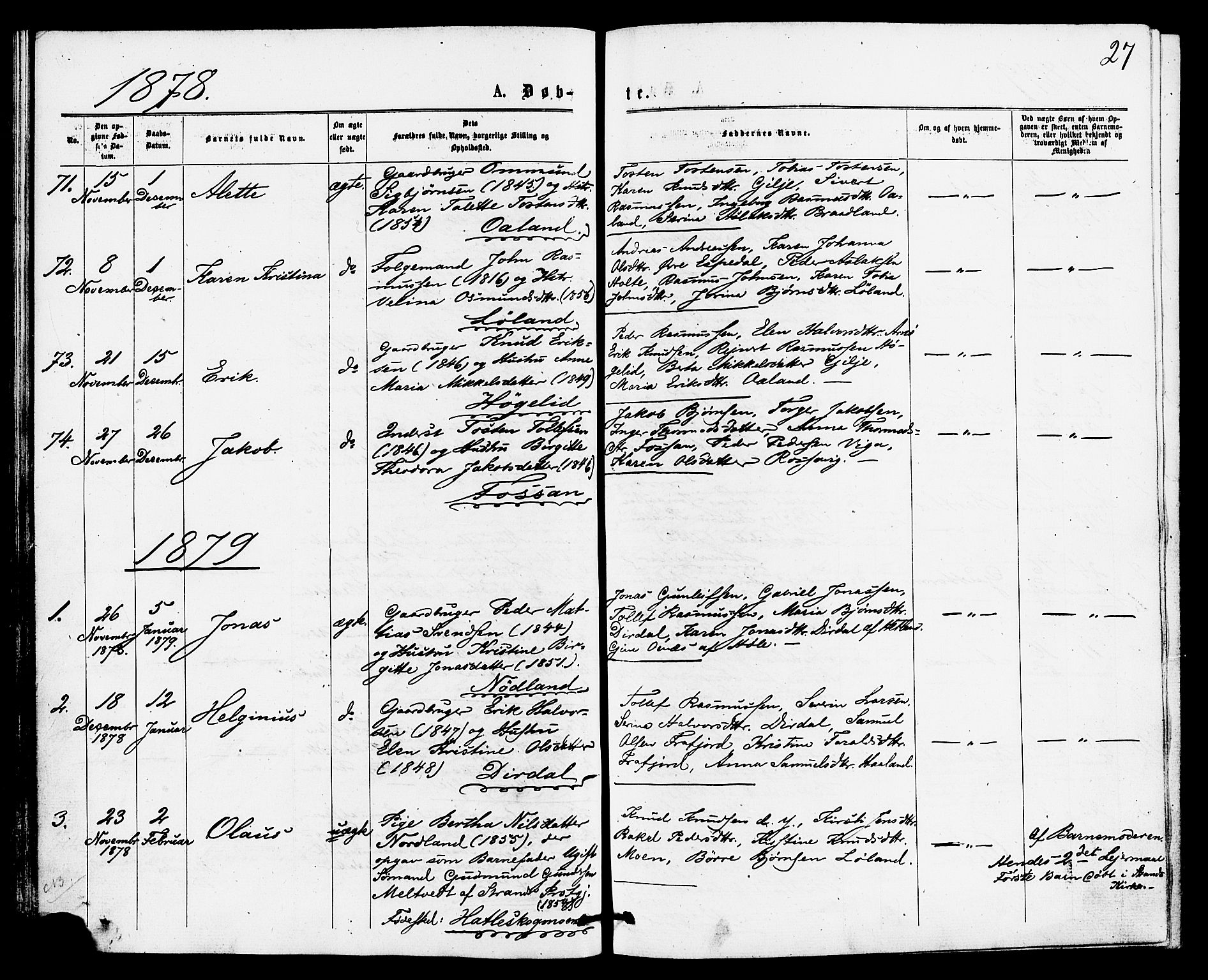 Høgsfjord sokneprestkontor, SAST/A-101624/H/Ha/Haa/L0004: Parish register (official) no. A 4, 1876-1884, p. 27