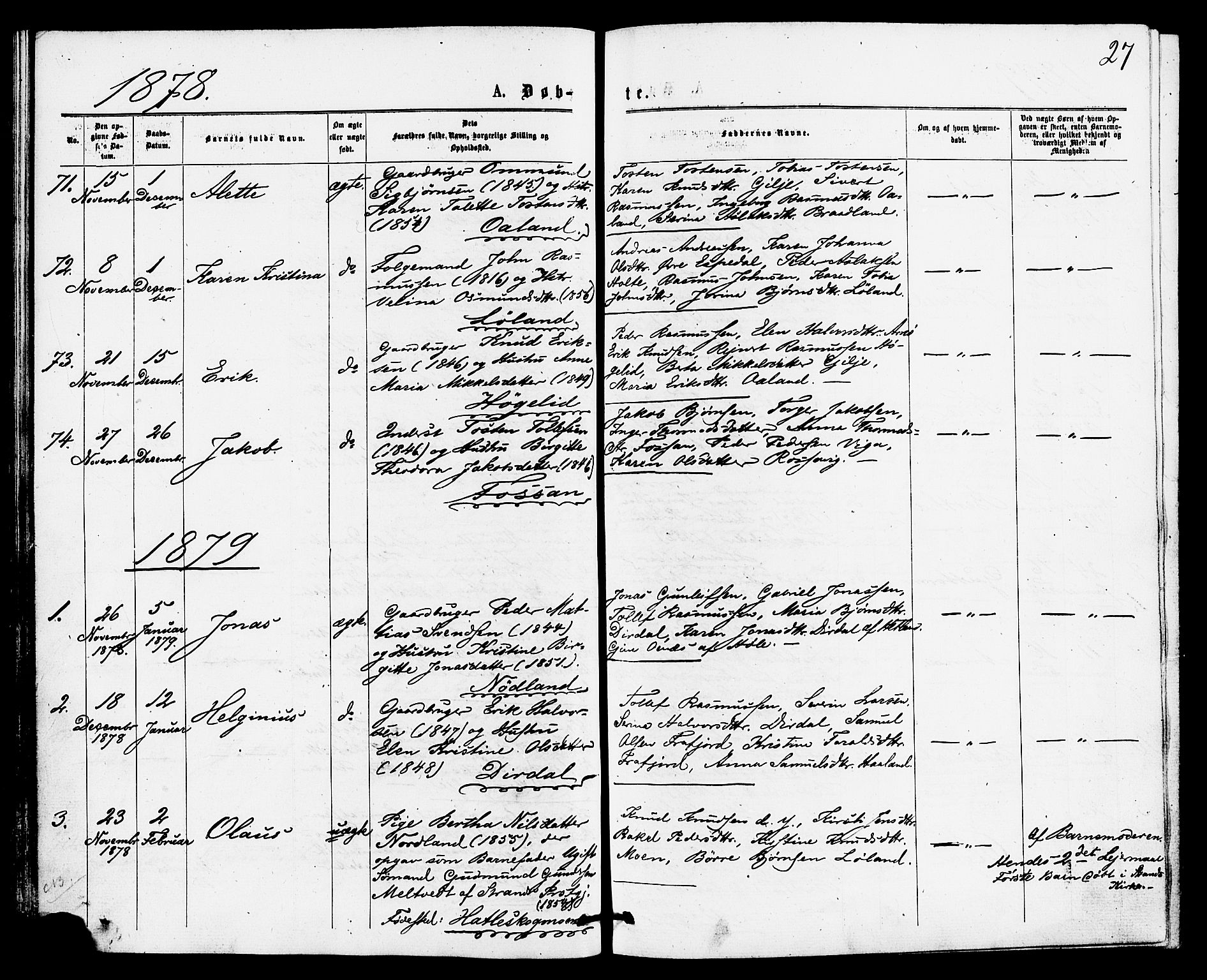 Høgsfjord sokneprestkontor, AV/SAST-A-101624/H/Ha/Haa/L0004: Parish register (official) no. A 4, 1876-1884, p. 27