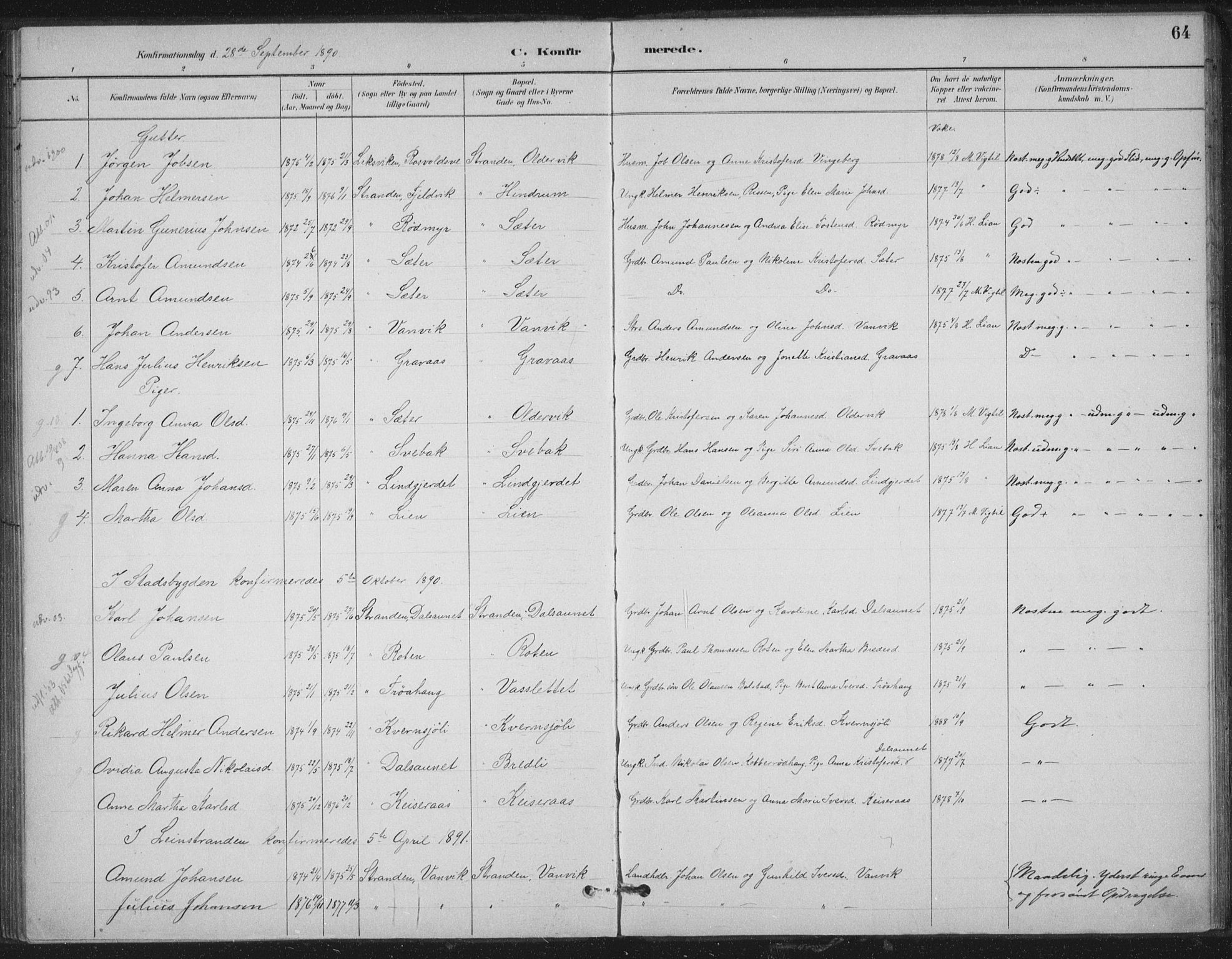 Ministerialprotokoller, klokkerbøker og fødselsregistre - Nord-Trøndelag, AV/SAT-A-1458/702/L0023: Parish register (official) no. 702A01, 1883-1897, p. 64
