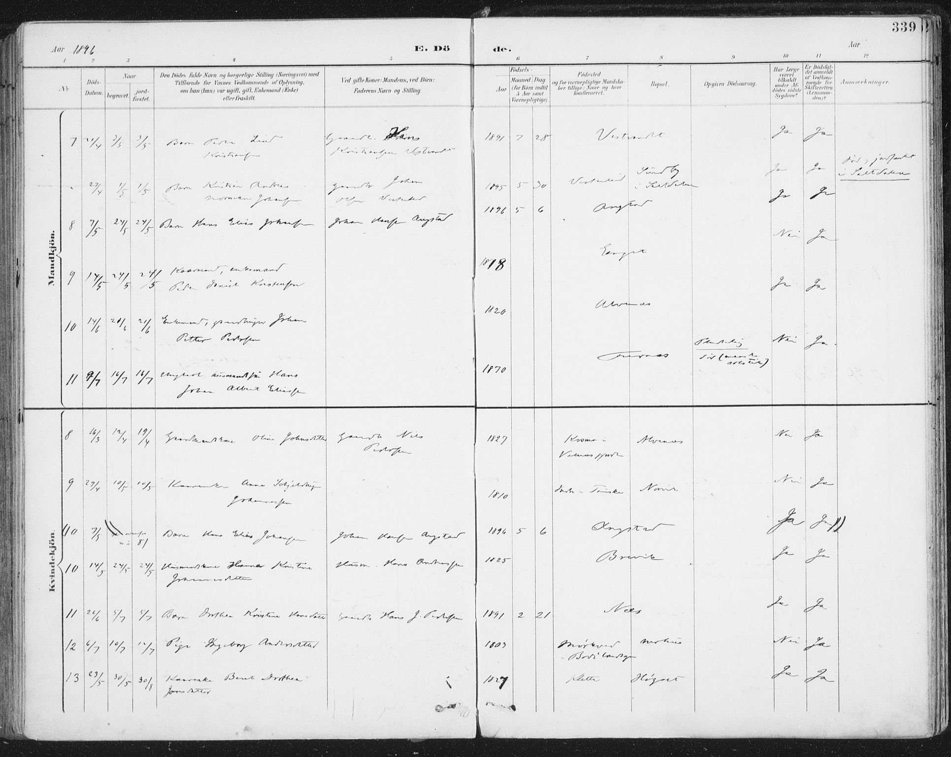 Ministerialprotokoller, klokkerbøker og fødselsregistre - Nordland, AV/SAT-A-1459/852/L0741: Parish register (official) no. 852A11, 1894-1917, p. 339