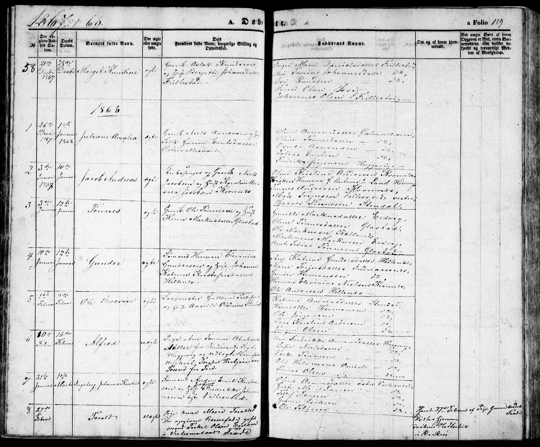 Høvåg sokneprestkontor, SAK/1111-0025/F/Fb/L0002: Parish register (copy) no. B 2, 1847-1869, p. 129