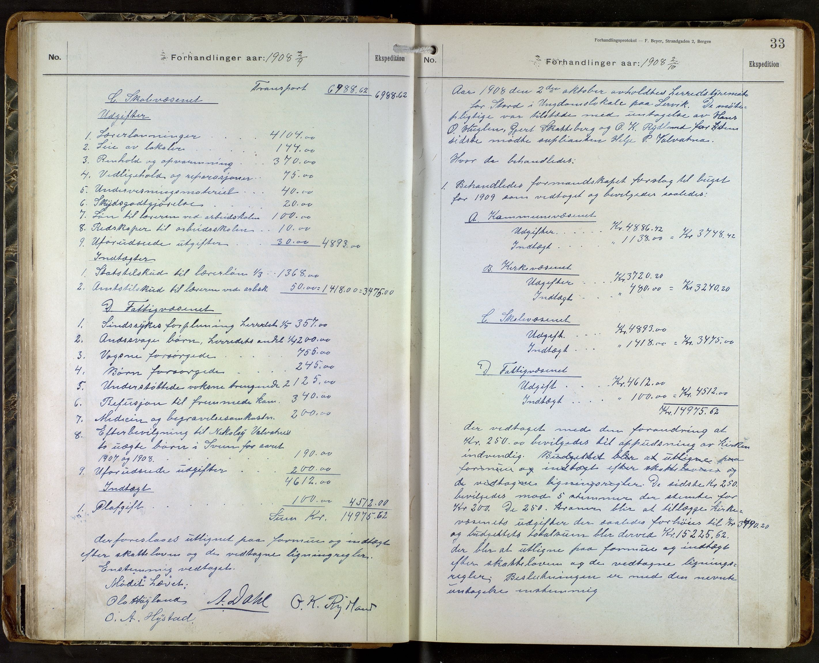 Stord kommune. Formannskapet, IKAH/1221-021/A/Aa/L0004: Møtebok for formannskapet og heradstyret , 1906-1917, p. 33