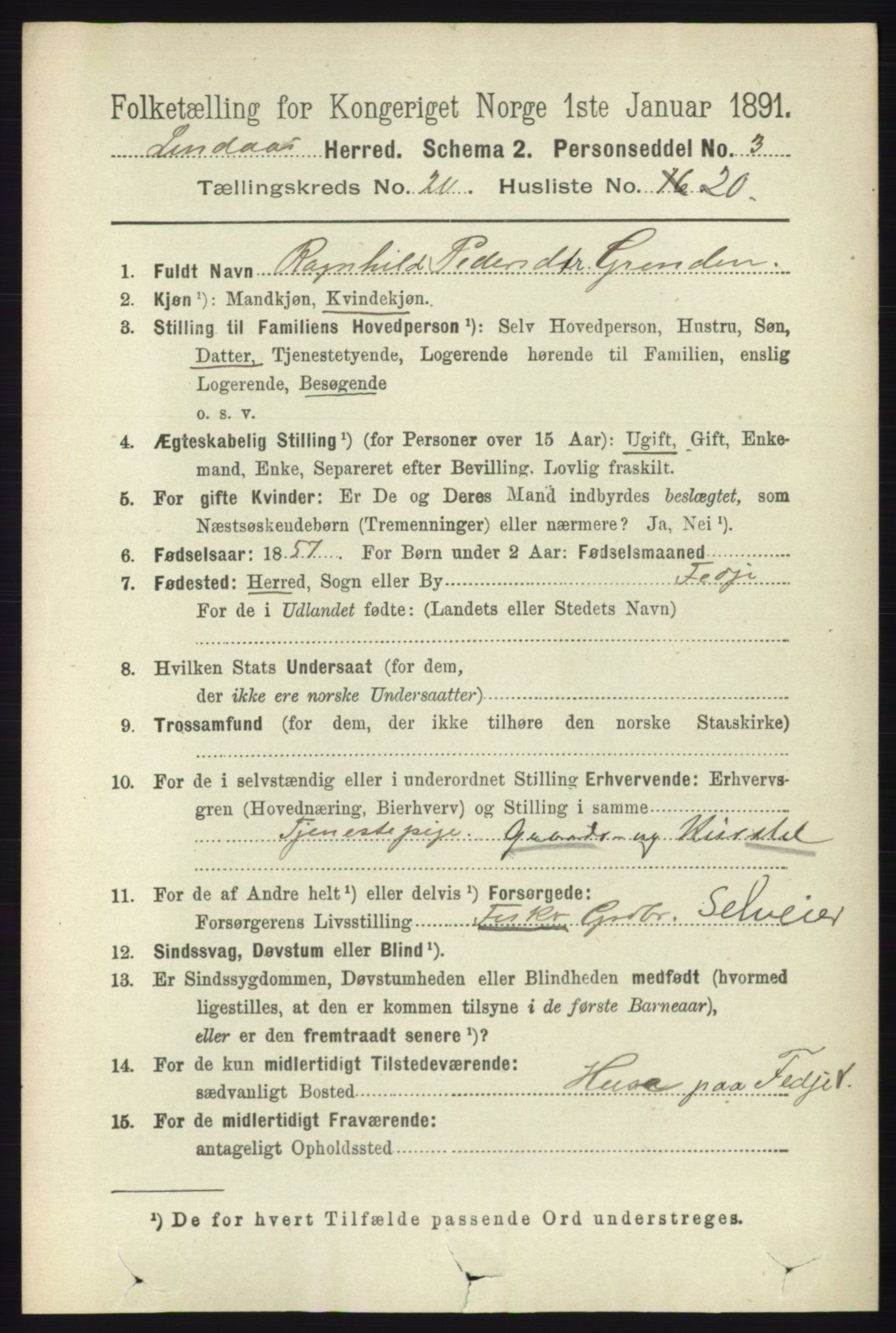 RA, 1891 census for 1263 Lindås, 1891, p. 7474